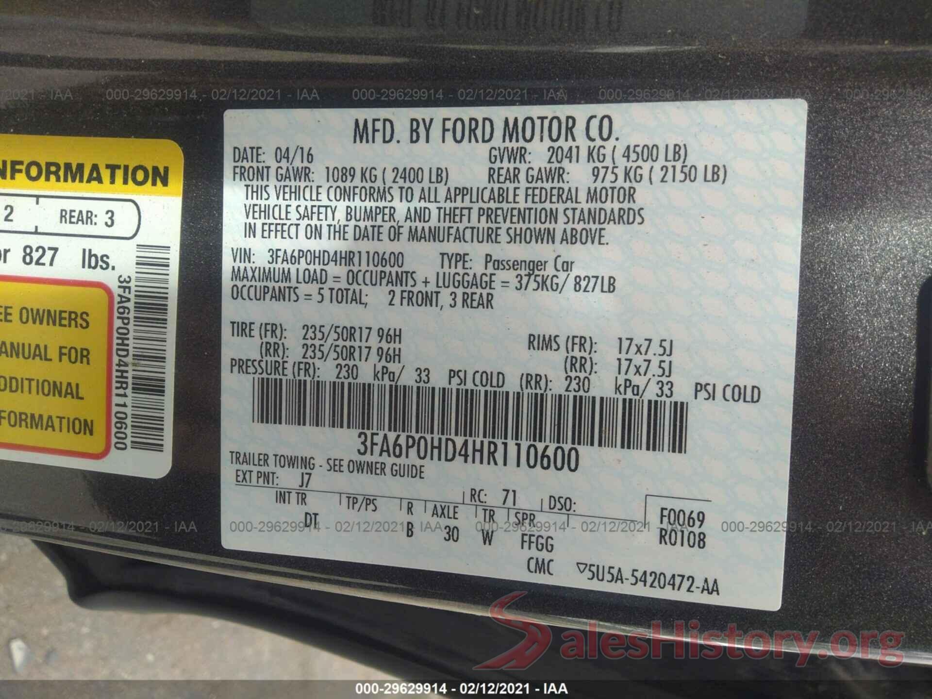 3FA6P0HD4HR110600 2017 FORD FUSION