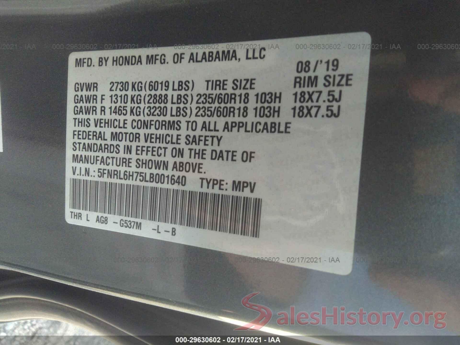 5FNRL6H75LB001640 2020 HONDA ODYSSEY