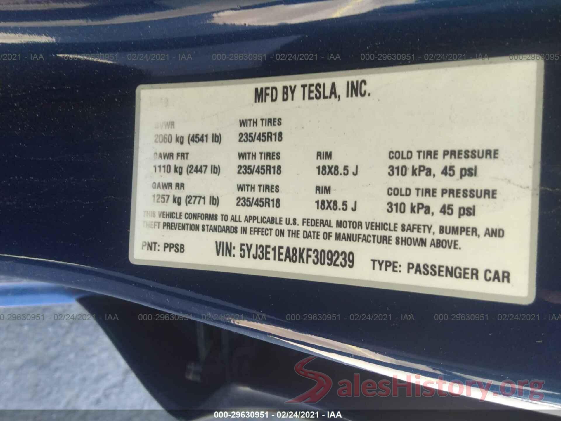 5YJ3E1EA8KF309239 2019 TESLA MODEL 3