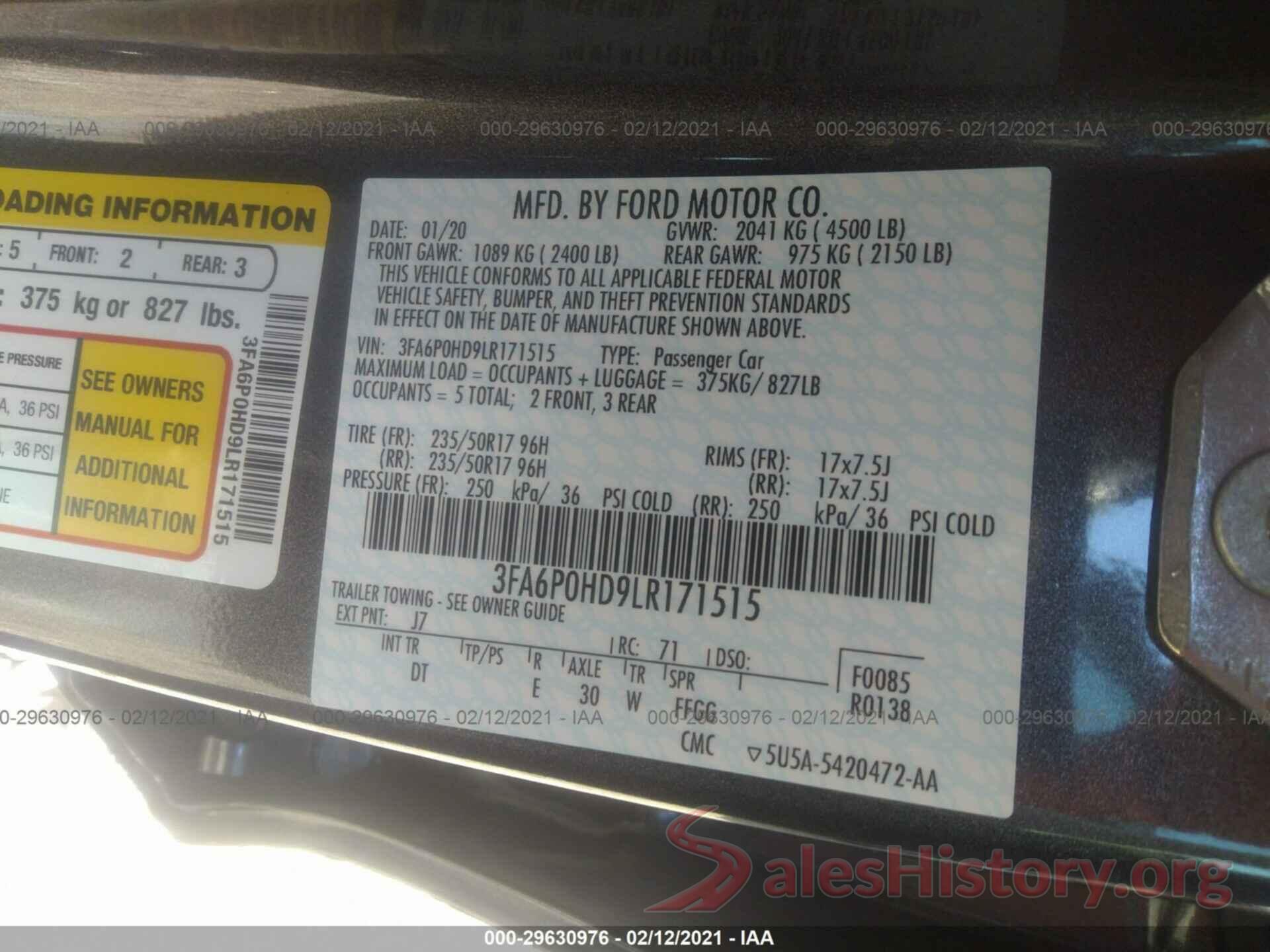 3FA6P0HD9LR171515 2020 FORD FUSION