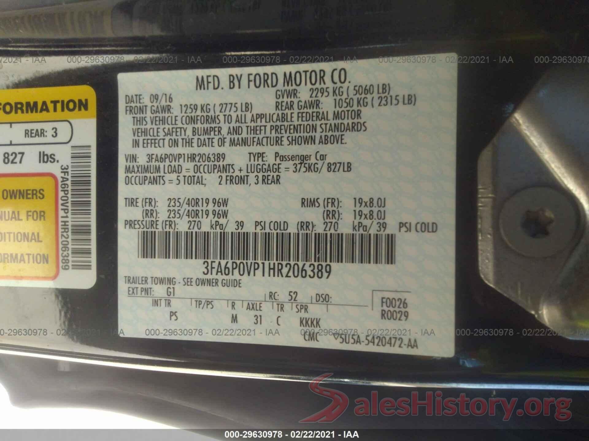 3FA6P0VP1HR206389 2017 FORD FUSION