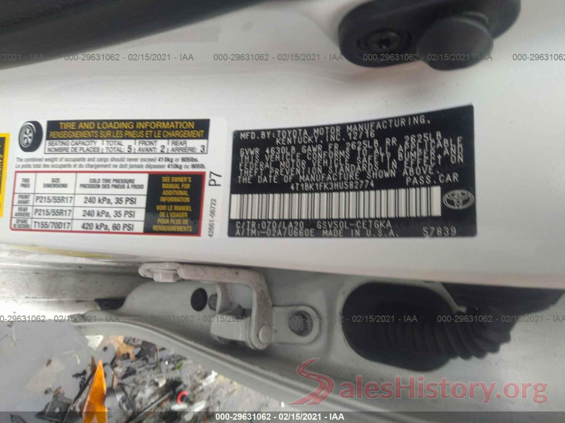 4T1BK1FK3HU582774 2017 TOYOTA CAMRY