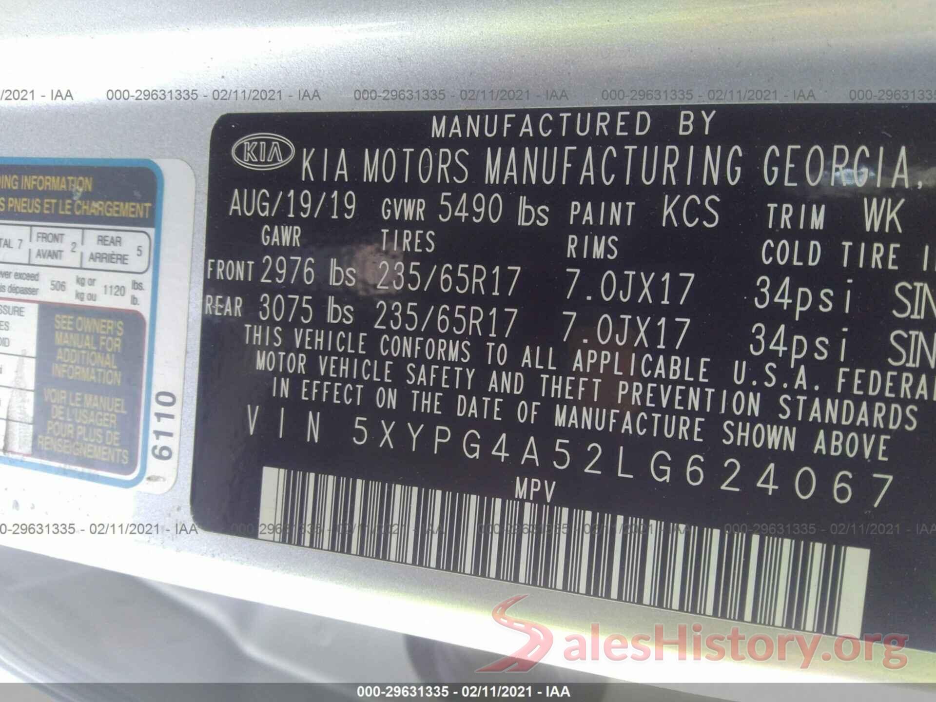 5XYPG4A52LG624067 2020 KIA SORENTO