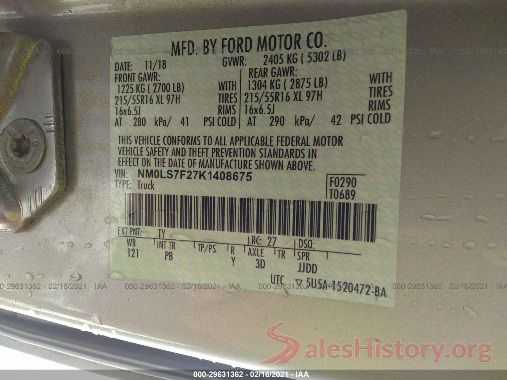 NM0LS7F27K1408675 2019 FORD TRANSIT CONNECT VAN