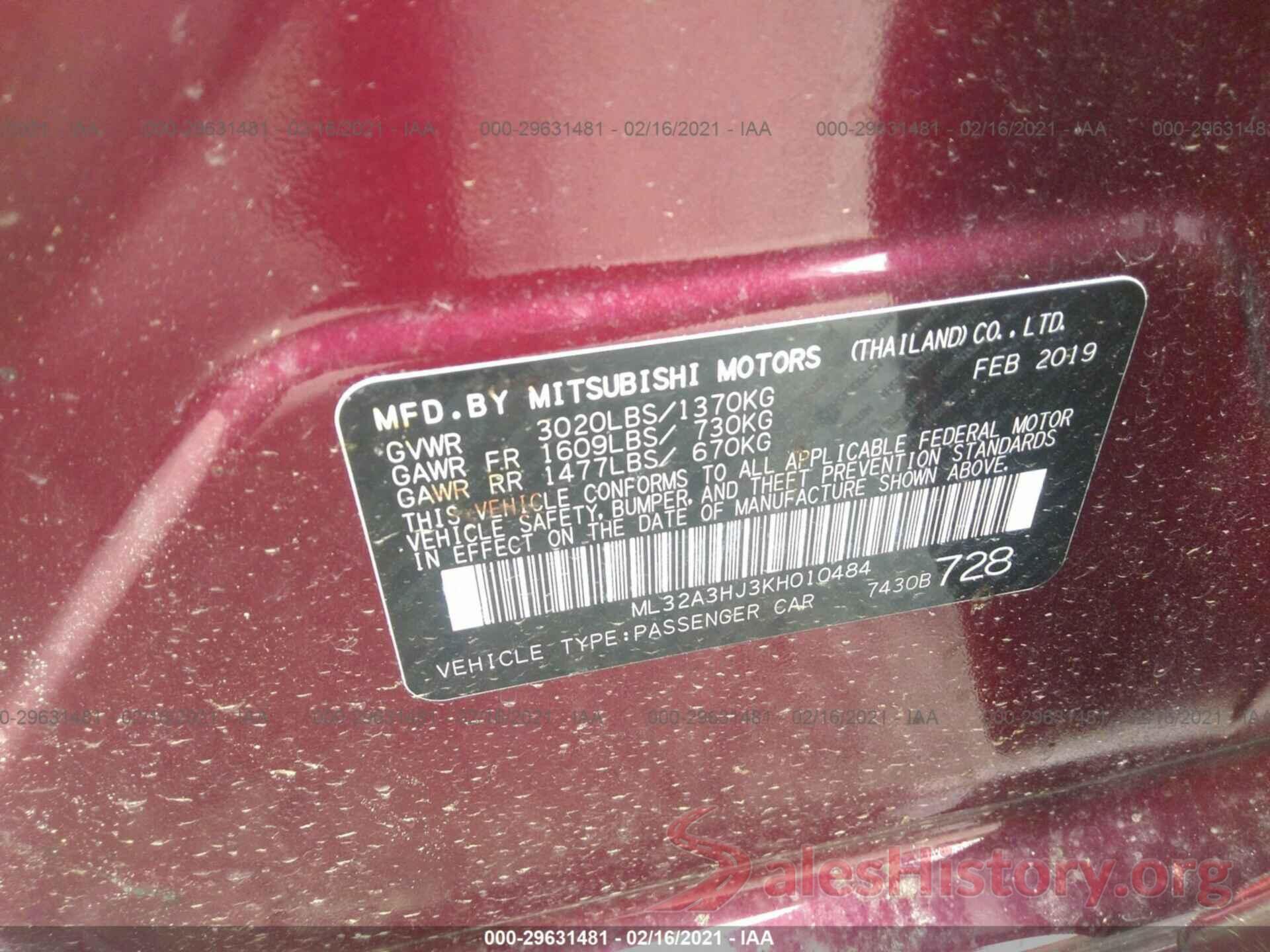 ML32A3HJ3KH010484 2019 MITSUBISHI MIRAGE