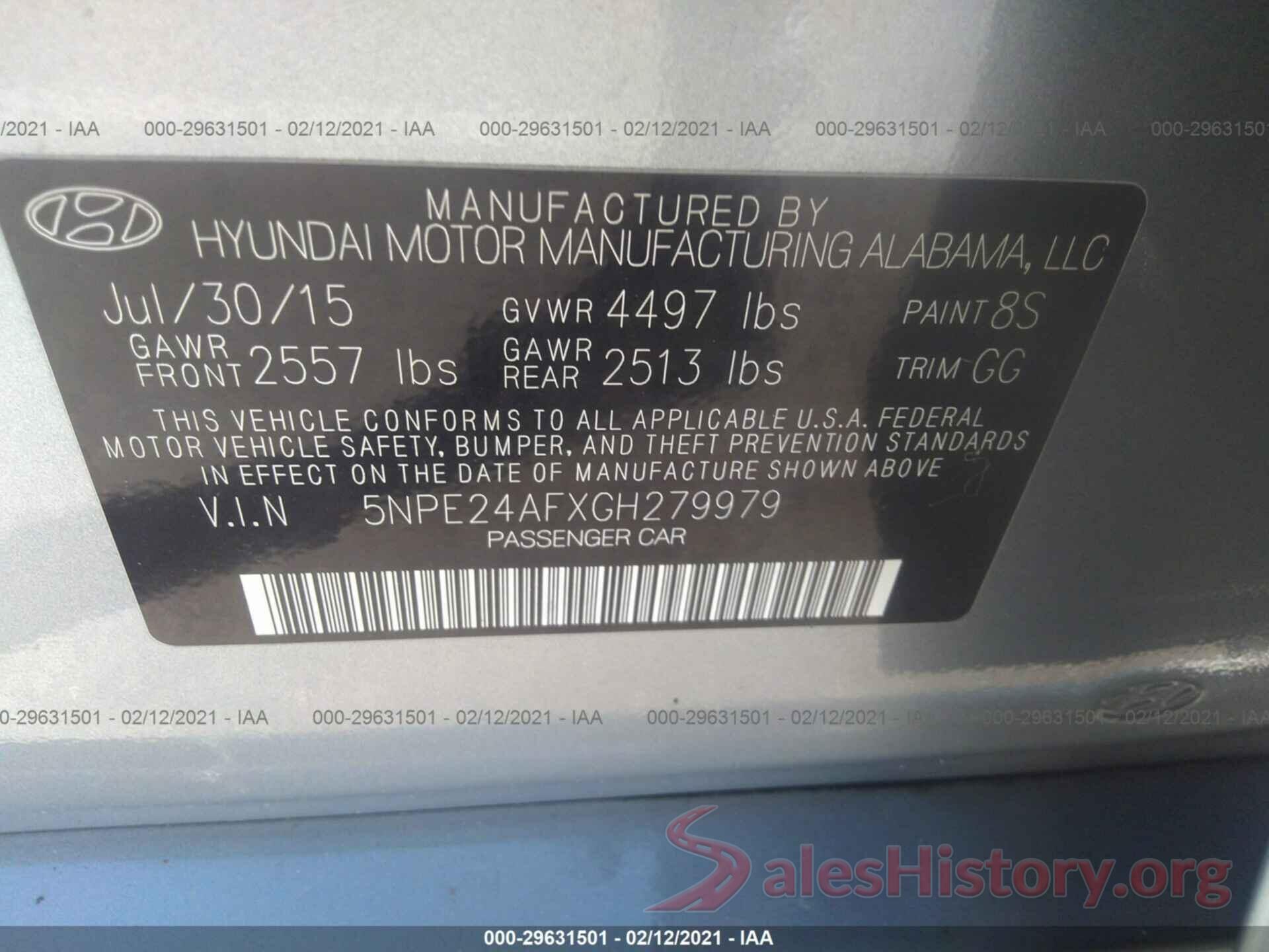 5NPE24AFXGH279979 2016 HYUNDAI SONATA