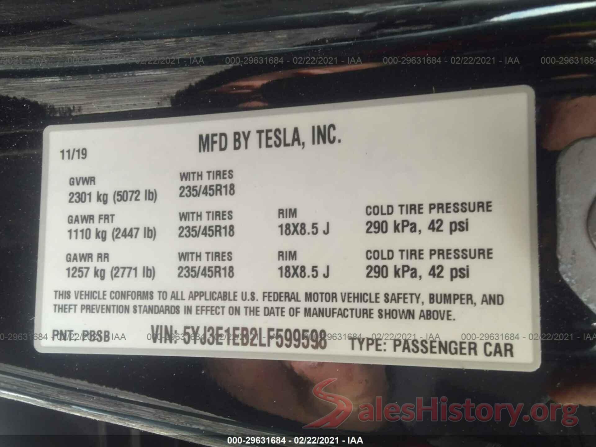 5YJ3E1EB2LF599598 2020 TESLA MODEL 3