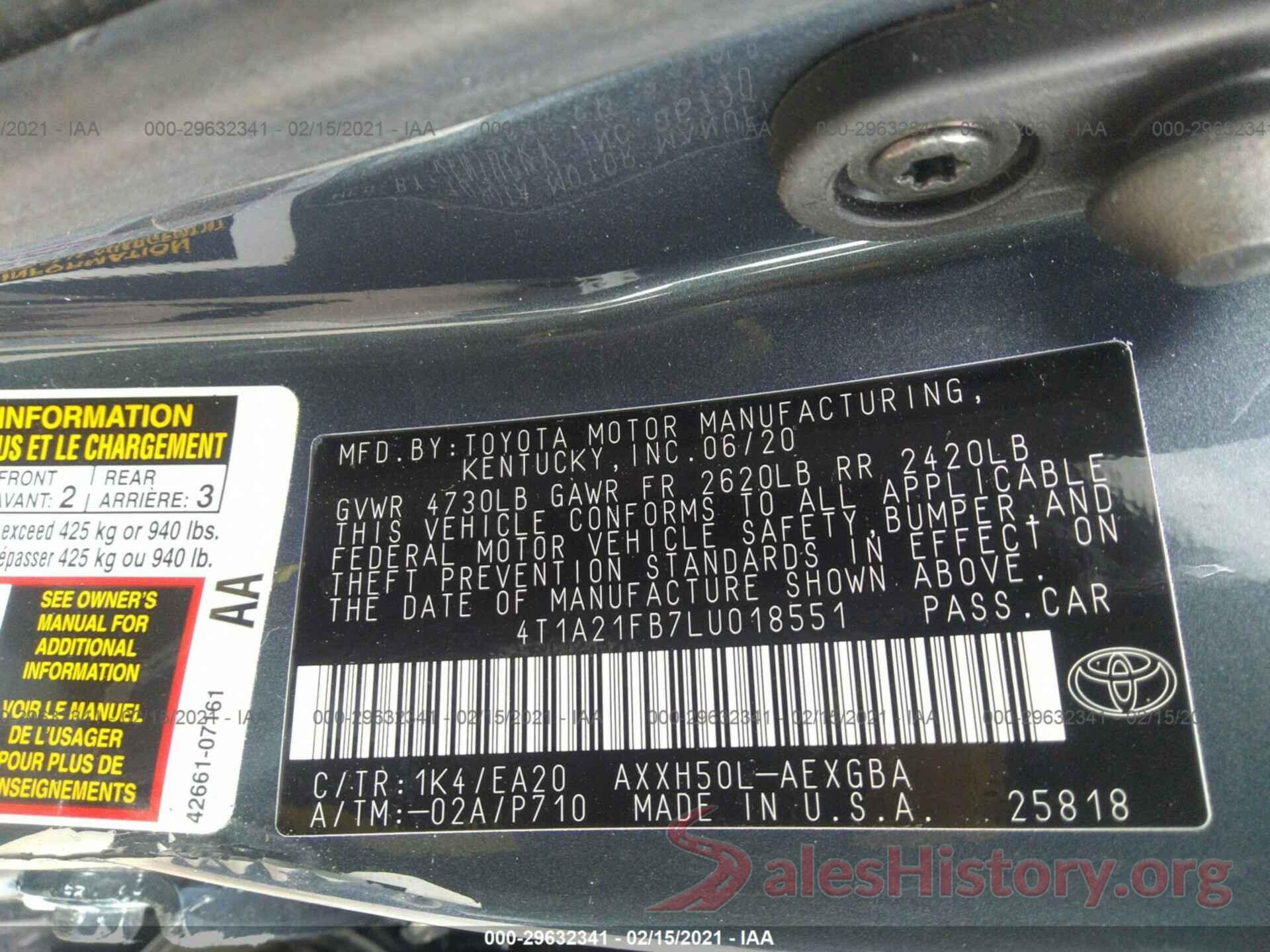 4T1A21FB7LU018551 2020 TOYOTA AVALON