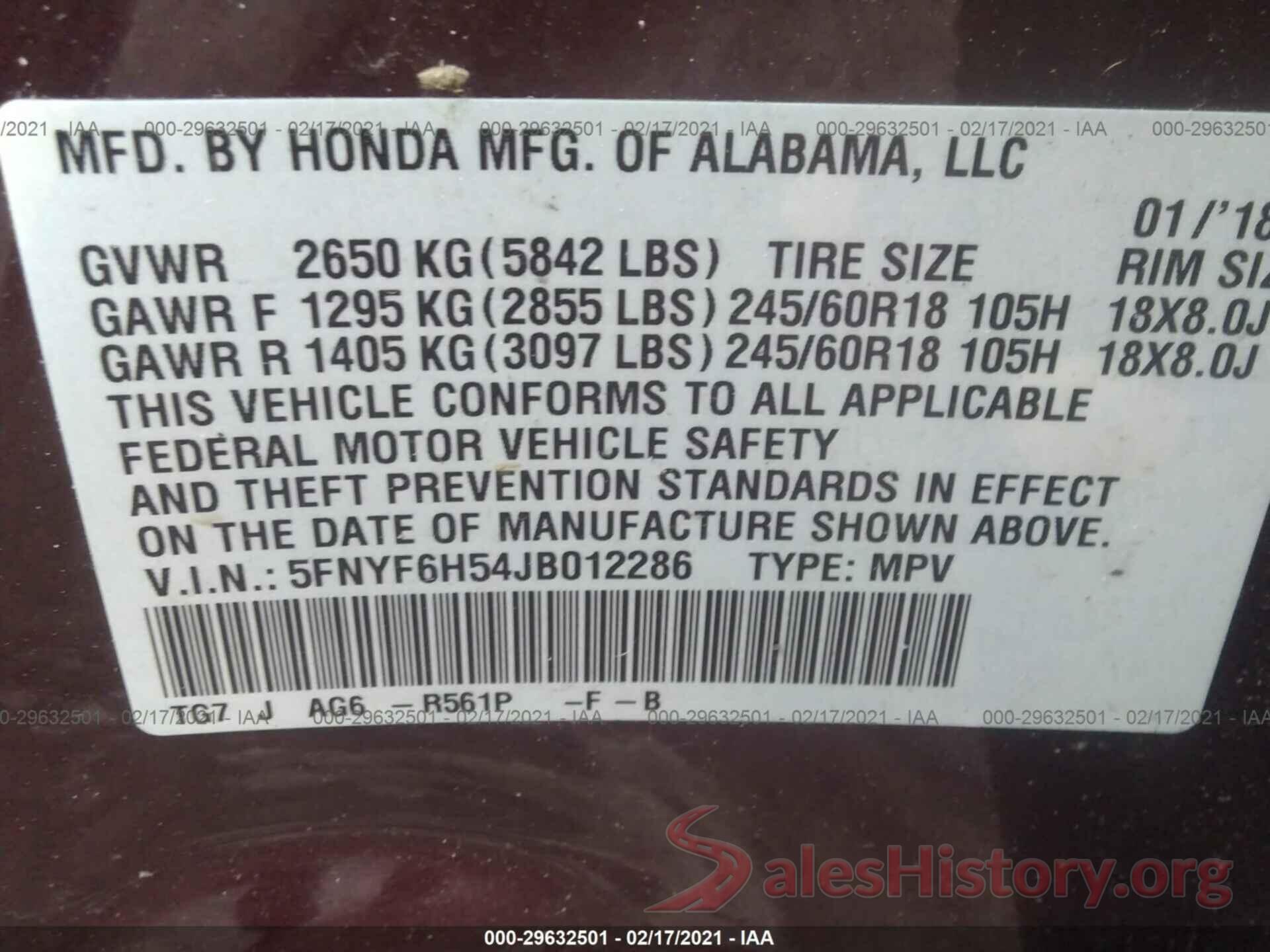 5FNYF6H54JB012286 2018 HONDA PILOT