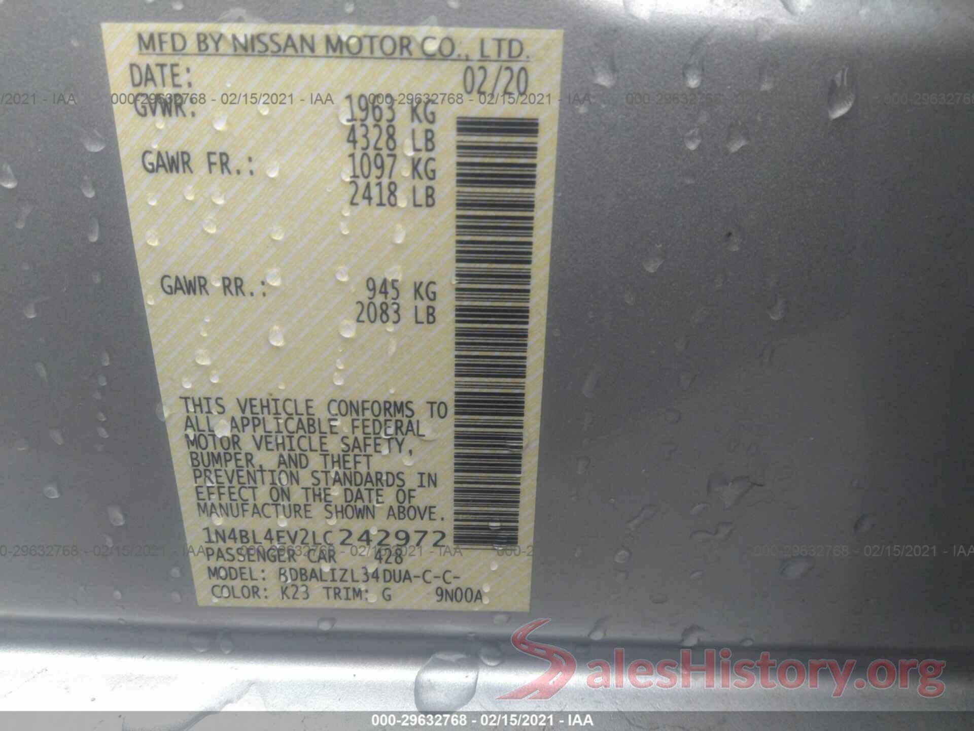 1N4BL4EV2LC242972 2020 NISSAN ALTIMA