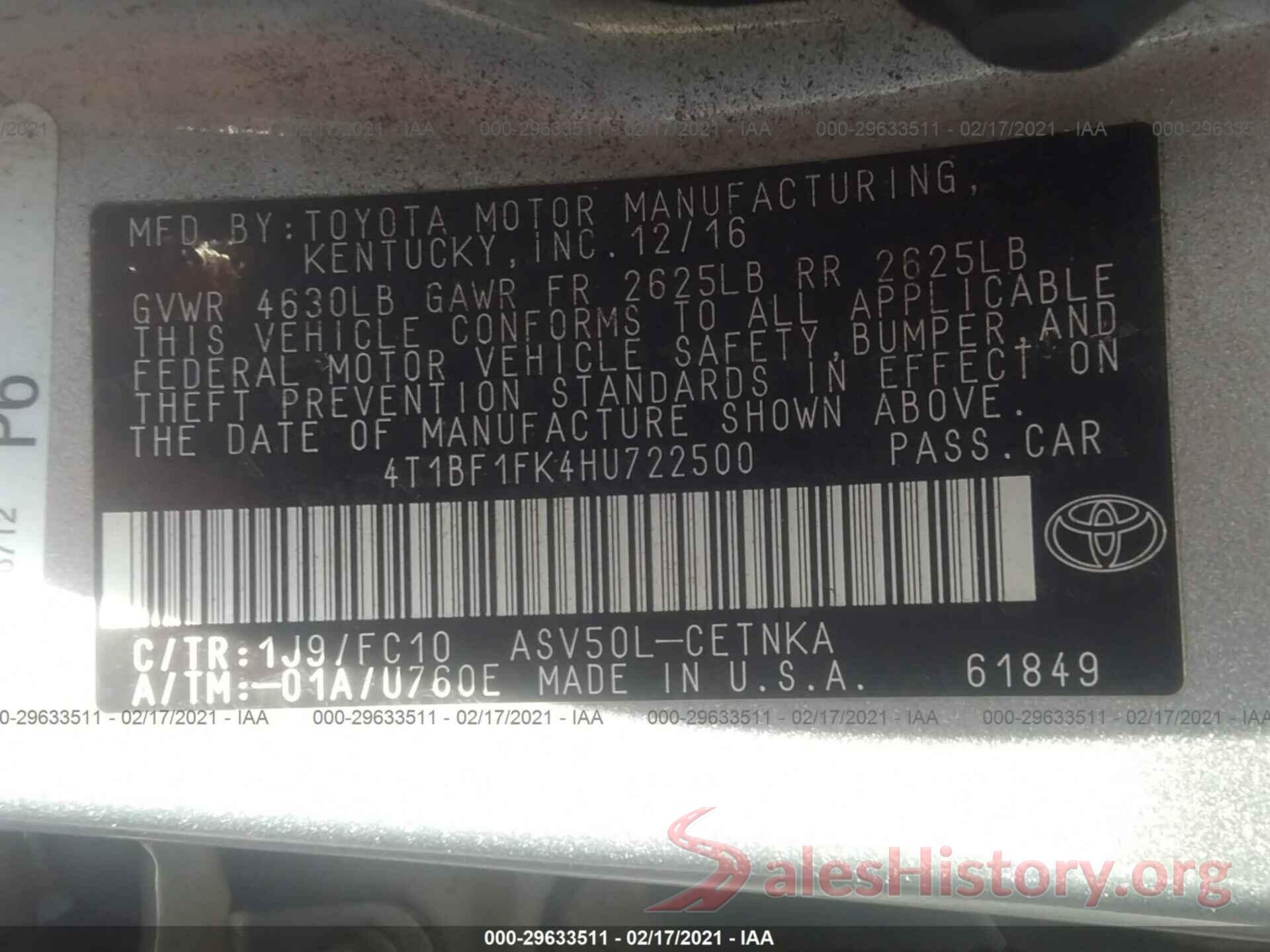 4T1BF1FK4HU722500 2017 TOYOTA CAMRY