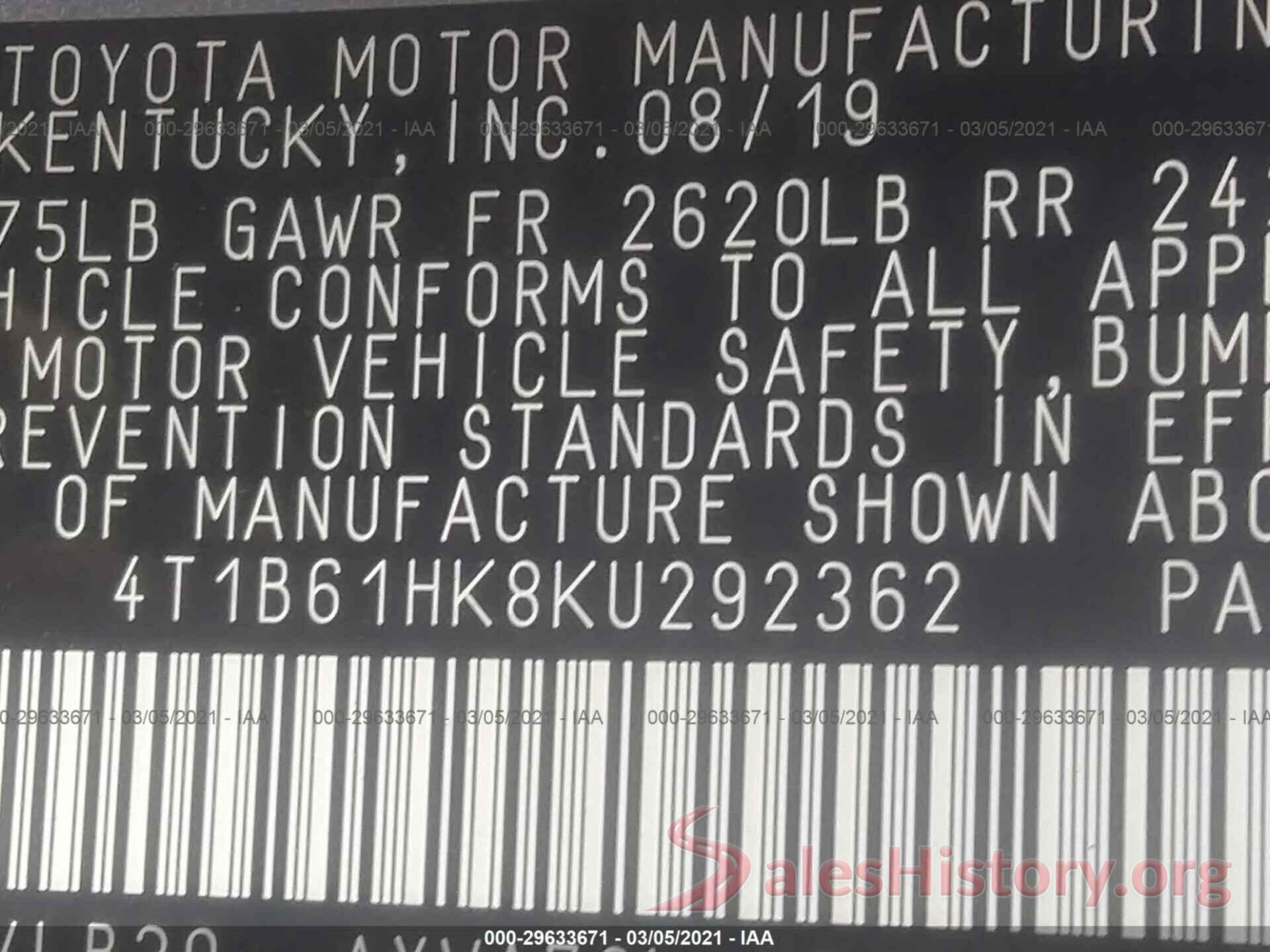 4T1B61HK8KU292362 2019 TOYOTA CAMRY