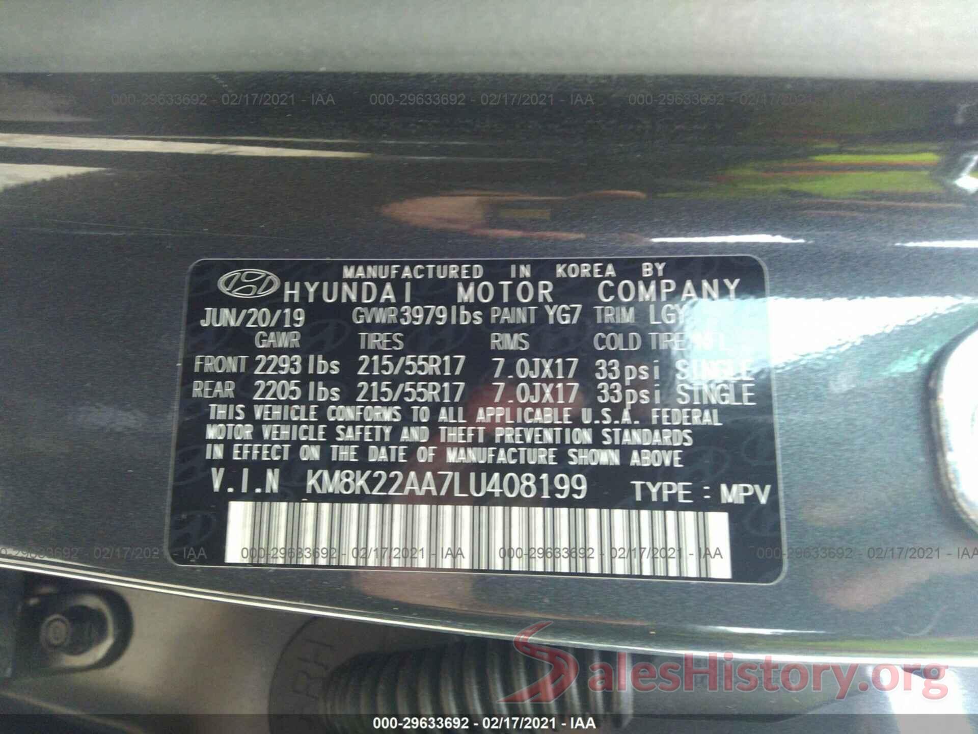 KM8K22AA7LU408199 2020 HYUNDAI KONA