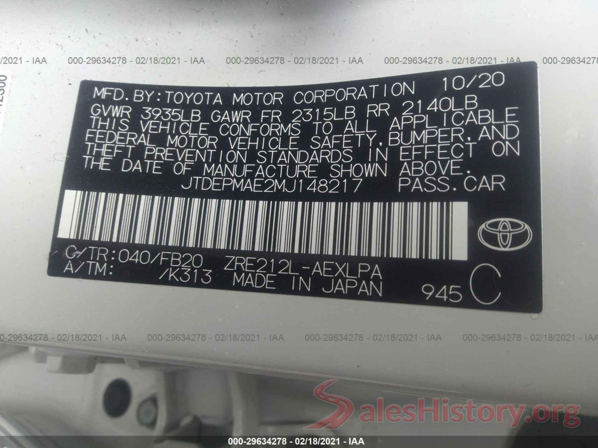 JTDEPMAE2MJ148217 2021 TOYOTA COROLLA