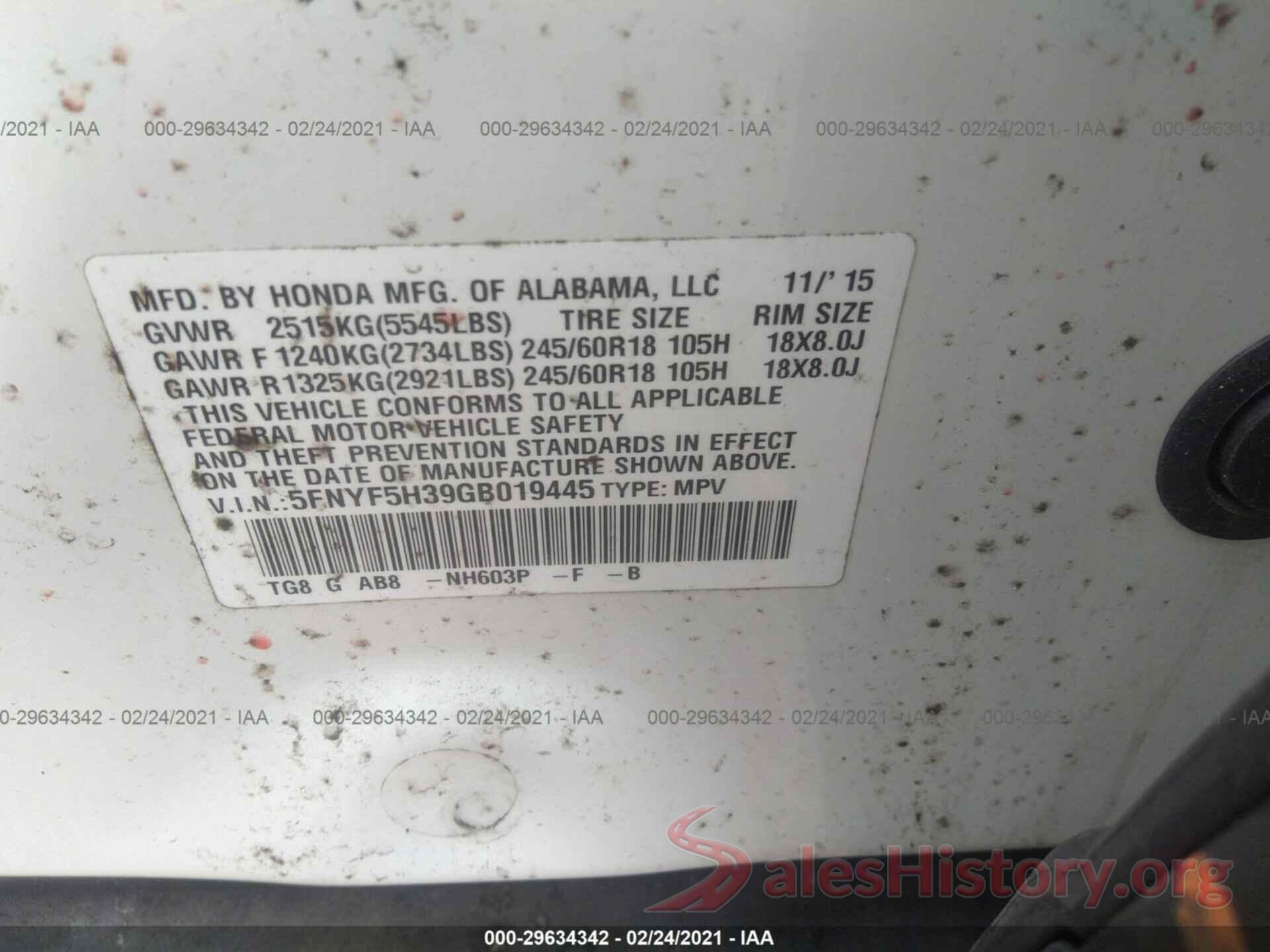 5FNYF5H39GB019445 2016 HONDA PILOT