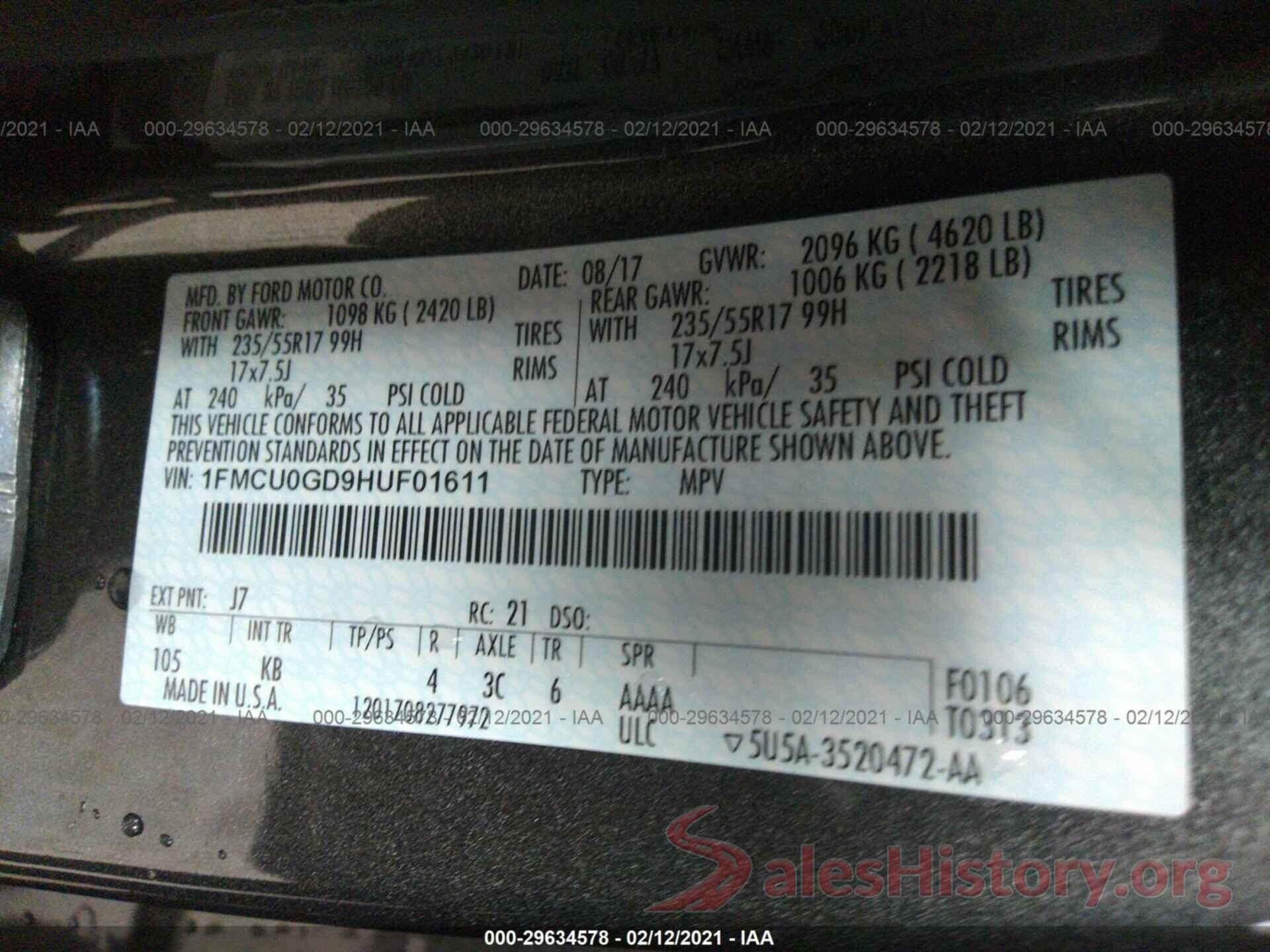 1FMCU0GD9HUF01611 2017 FORD ESCAPE