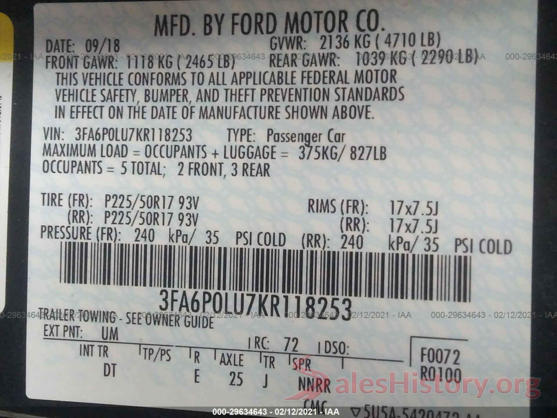 3FA6P0LU7KR118253 2019 FORD FUSION HYBRID