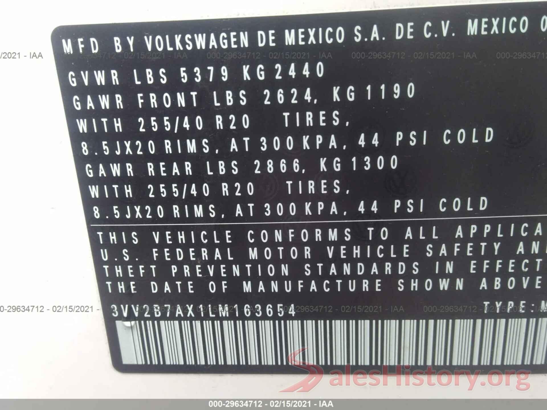 3VV2B7AX1LM163654 2020 VOLKSWAGEN TIGUAN