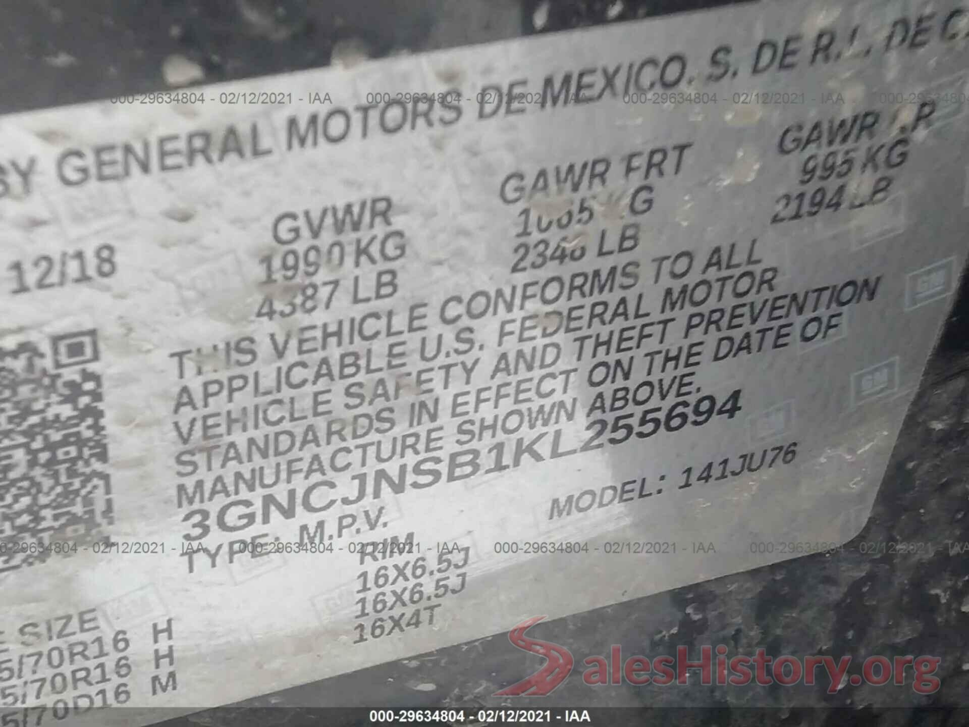 3GNCJNSB1KL255694 2019 CHEVROLET TRAX