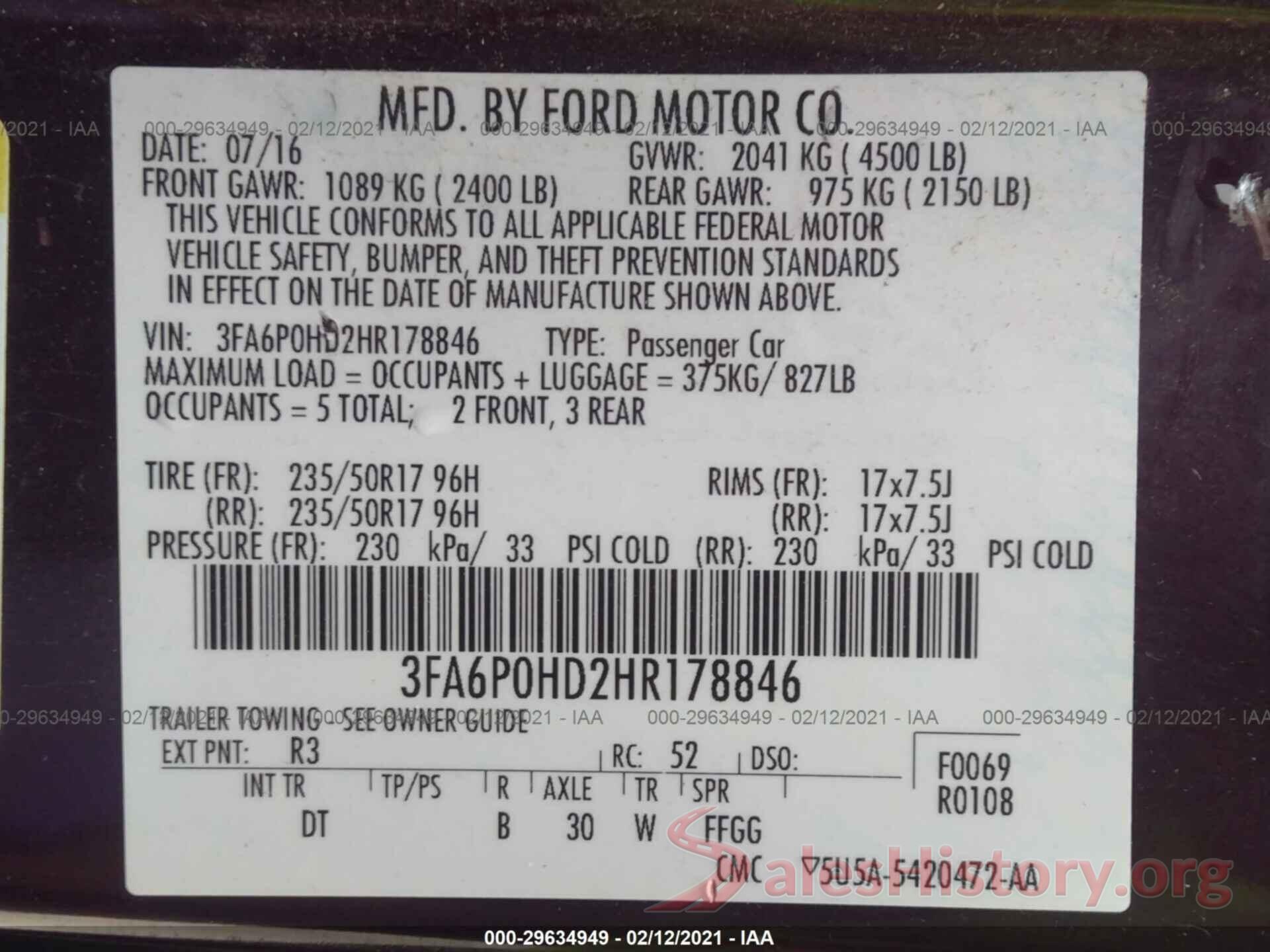 3FA6P0HD2HR178846 2017 FORD FUSION