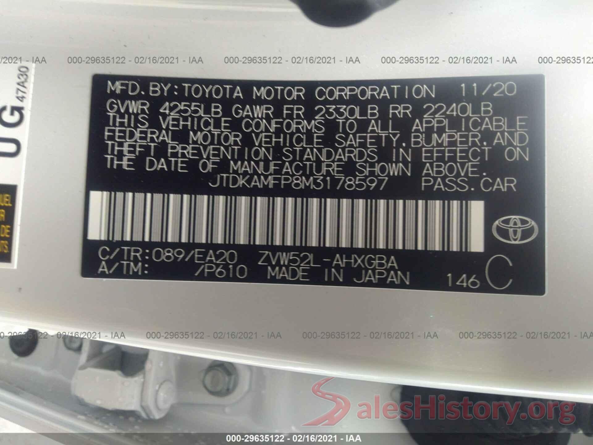 JTDKAMFP8M3178597 2021 TOYOTA PRIUS PRIME