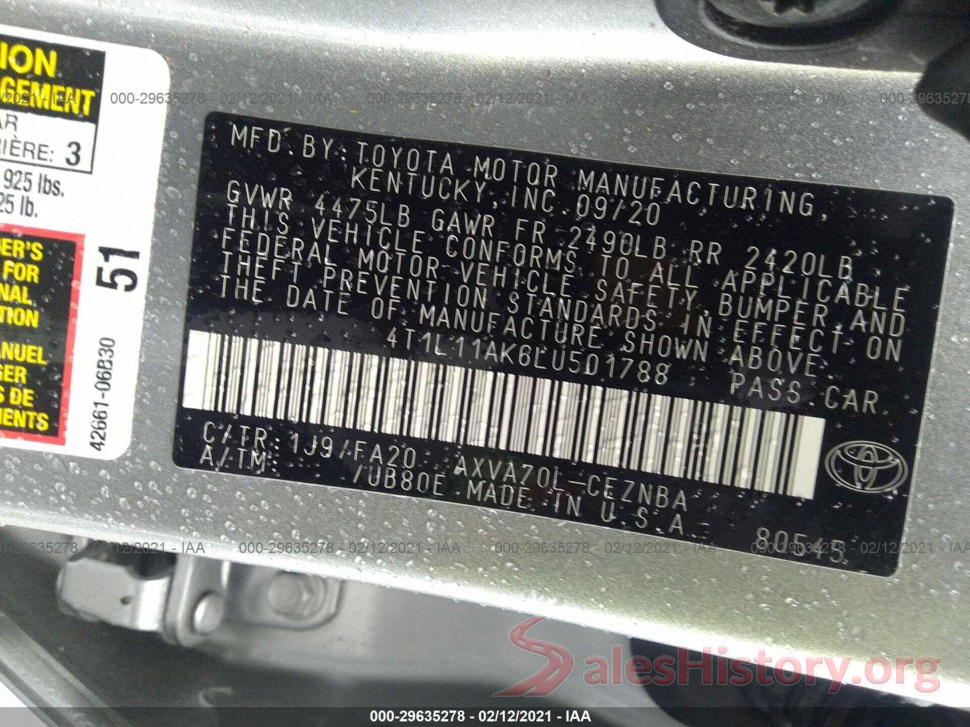 4T1L11AK6LU501788 2020 TOYOTA CAMRY