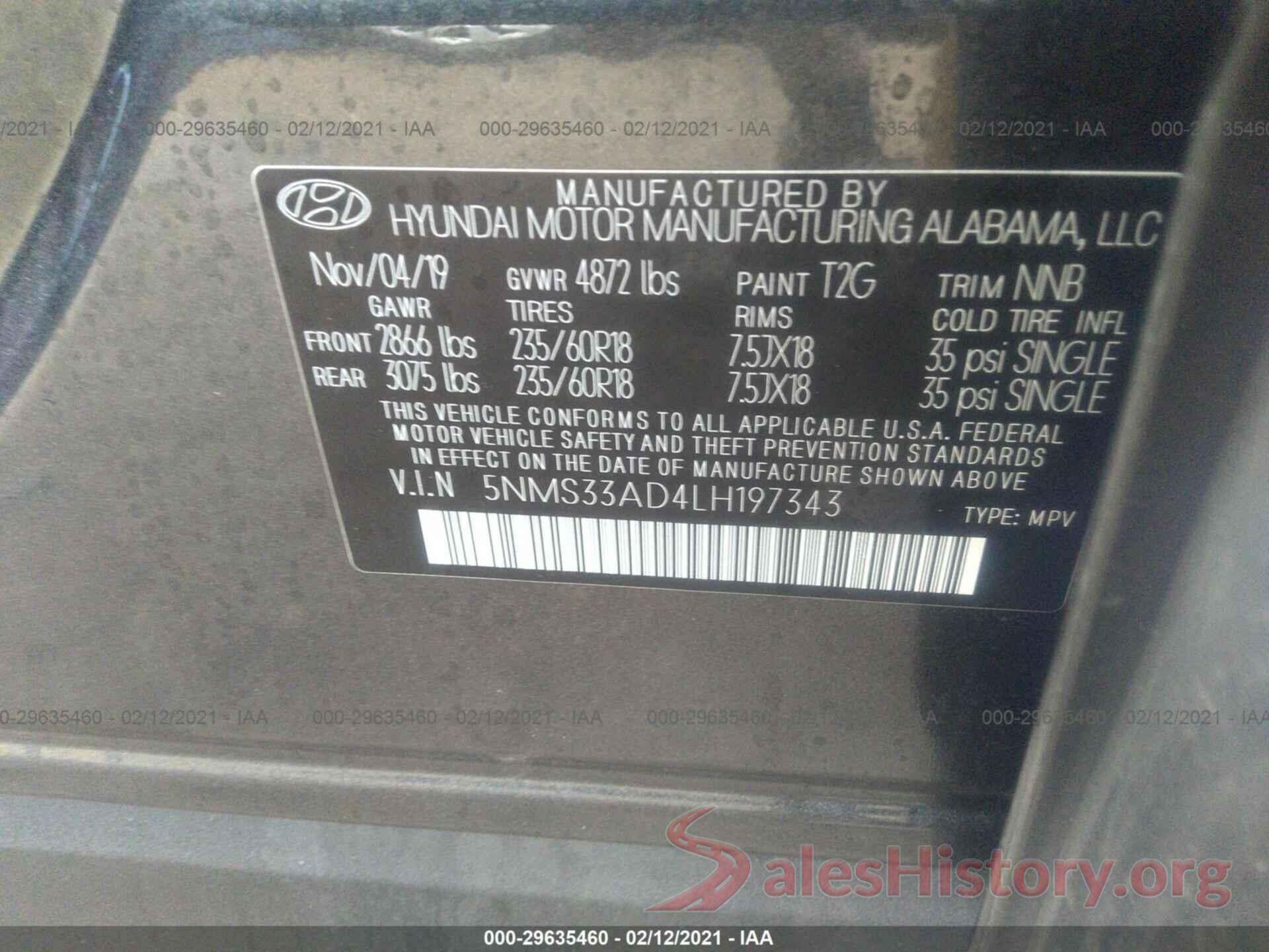 5NMS33AD4LH197343 2020 HYUNDAI SANTA FE