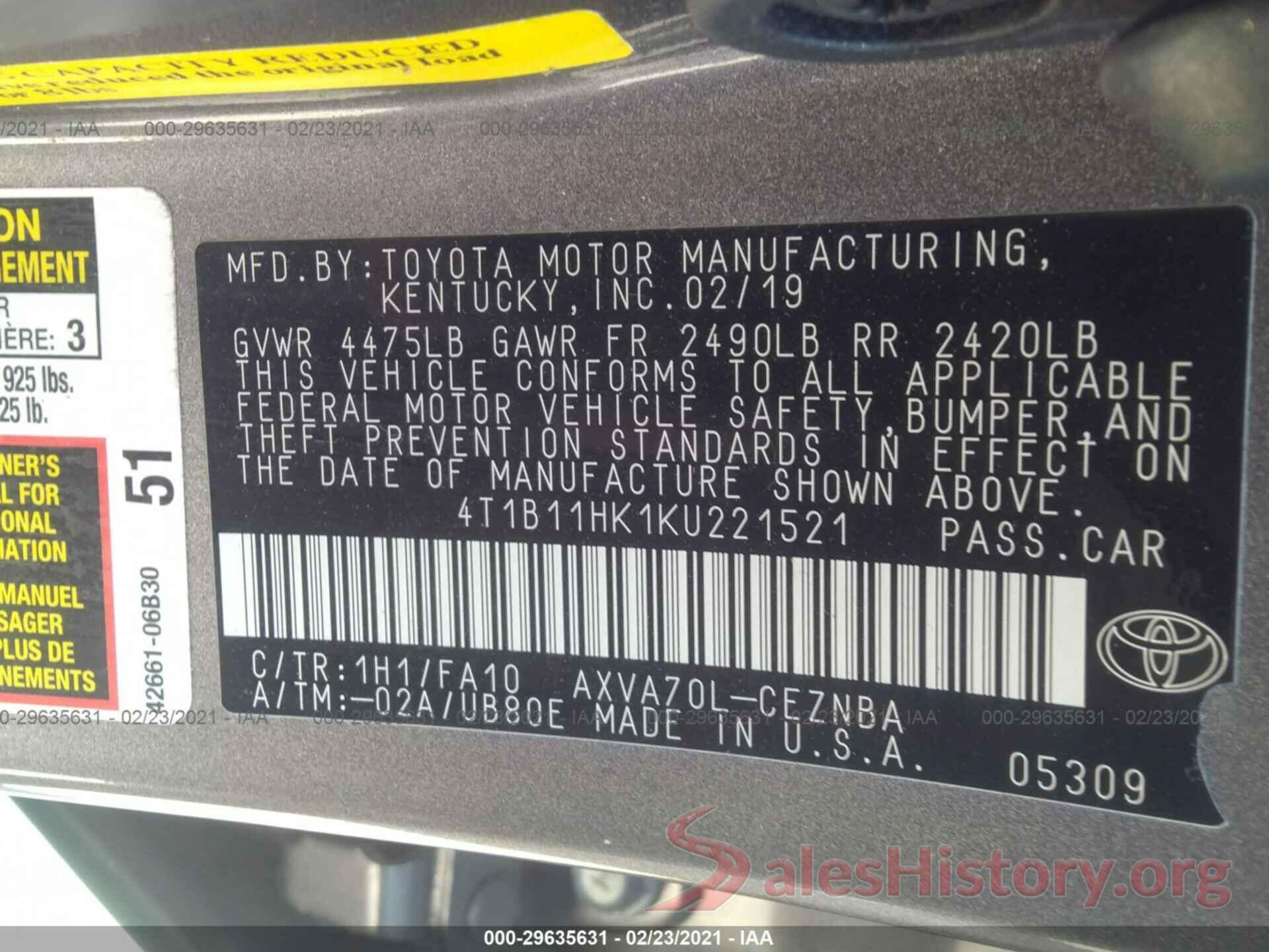 4T1B11HK1KU221521 2019 TOYOTA CAMRY