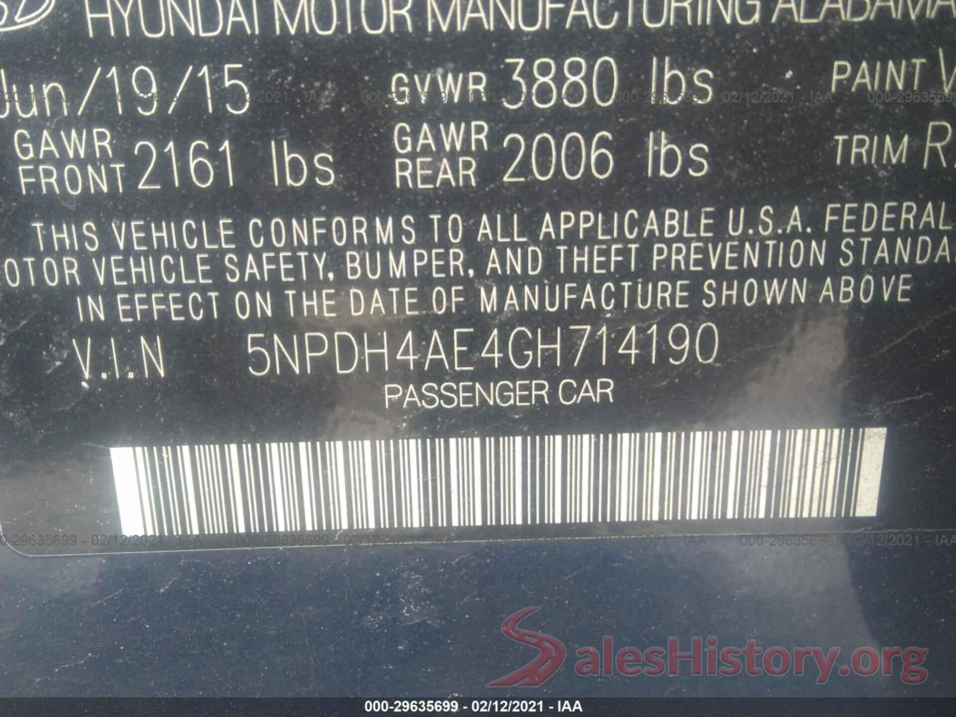 5NPDH4AE4GH714190 2016 HYUNDAI ELANTRA