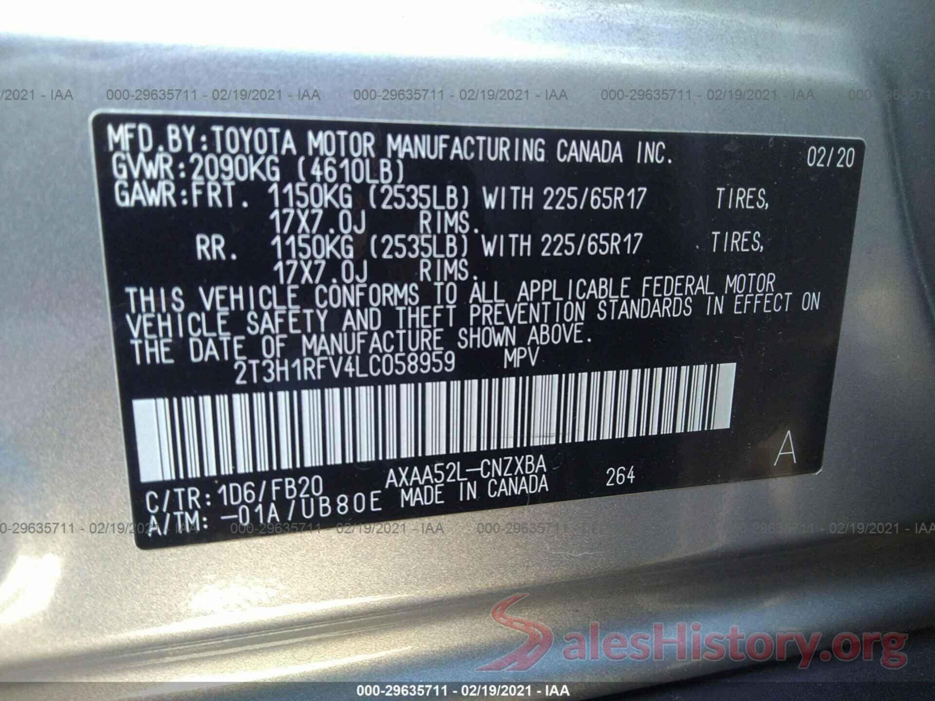 2T3H1RFV4LC058959 2020 TOYOTA RAV4