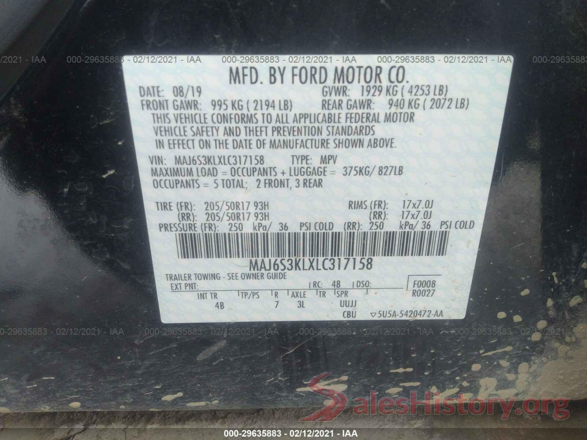 MAJ6S3KLXLC317158 2020 FORD ECOSPORT