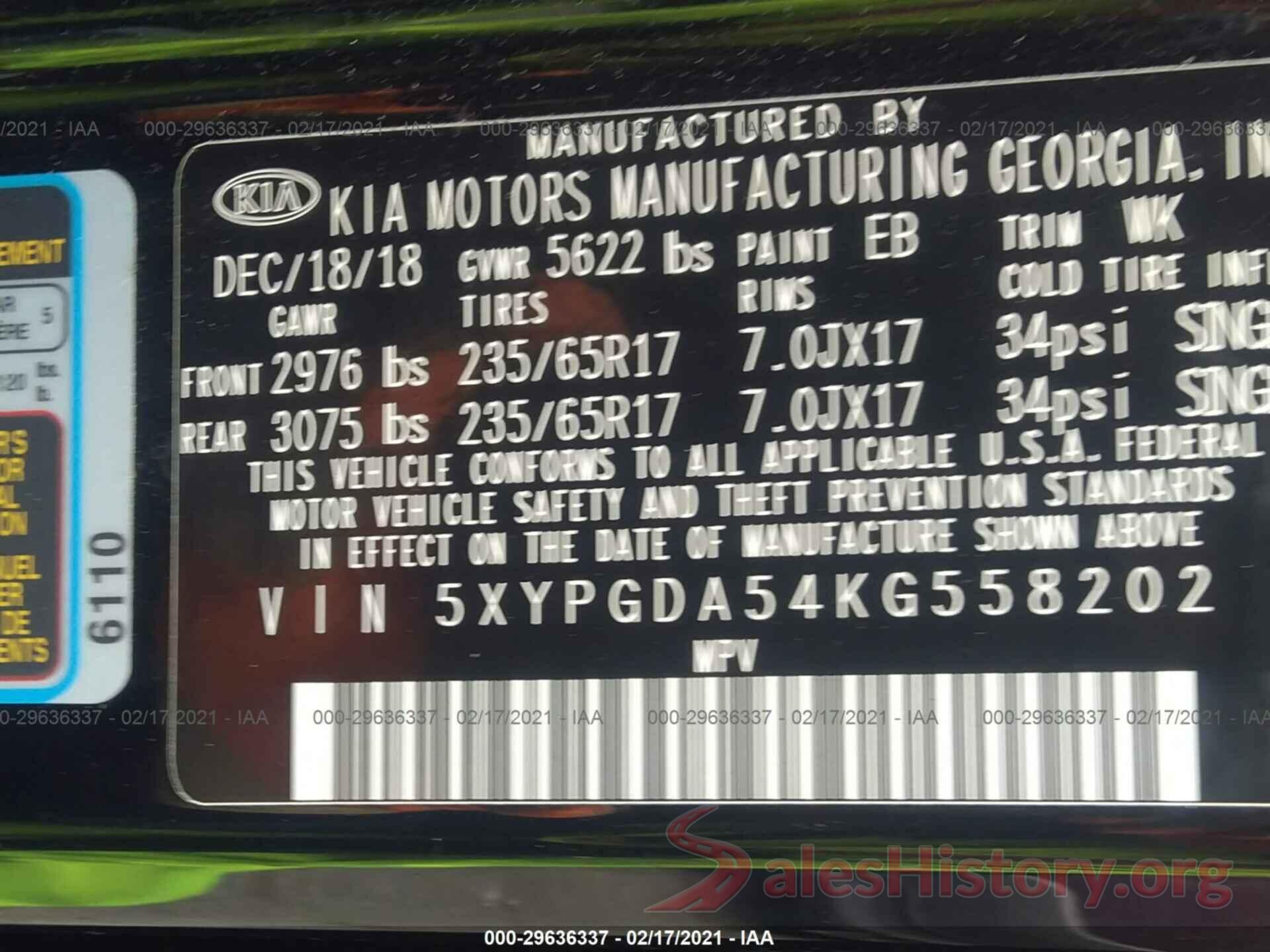 5XYPGDA54KG558202 2019 KIA SORENTO