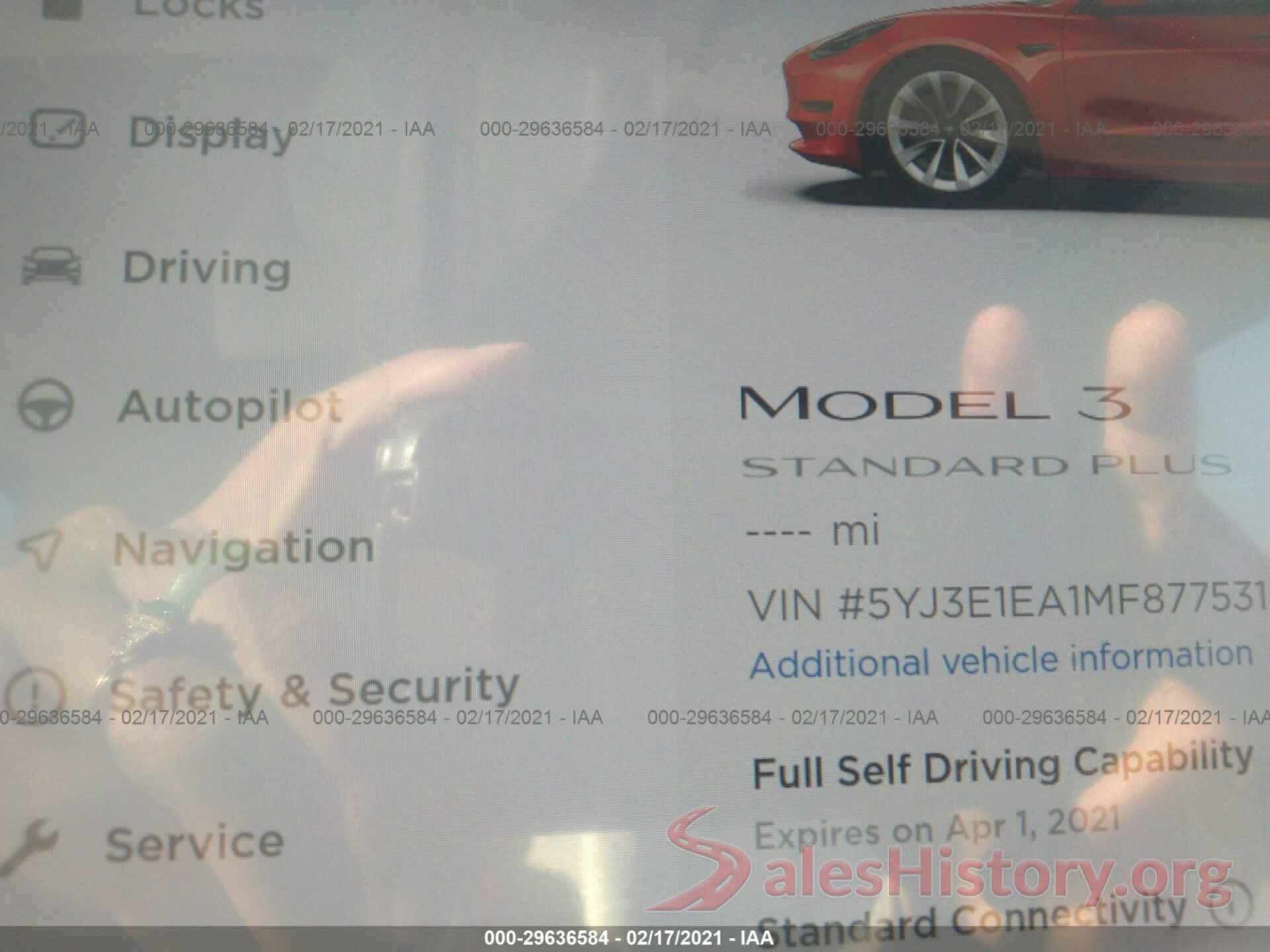 5YJ3E1EA1MF877531 2021 TESLA MODEL 3