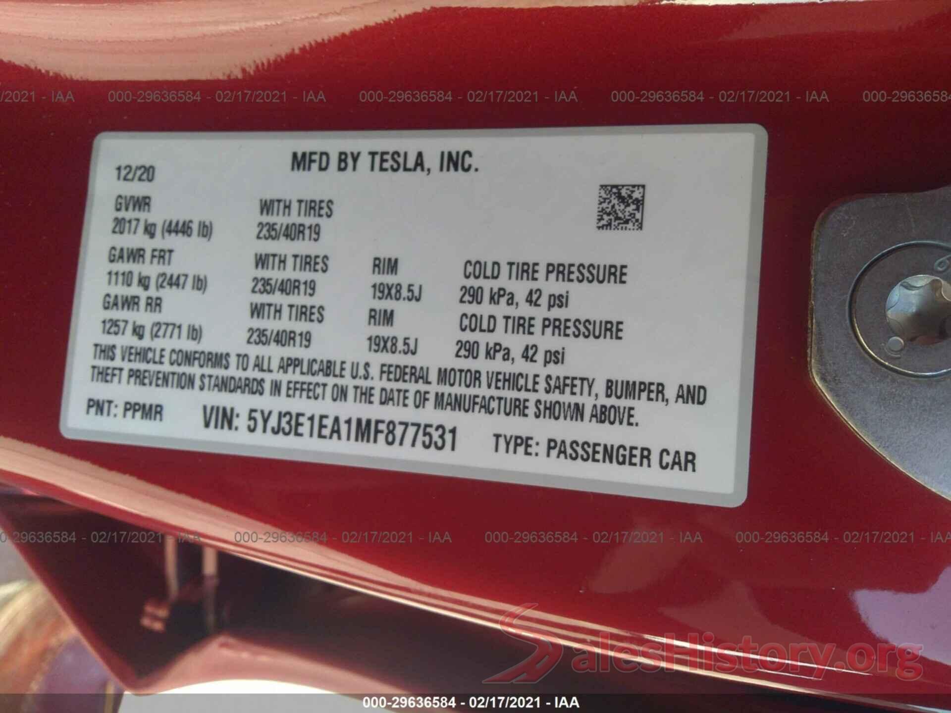 5YJ3E1EA1MF877531 2021 TESLA MODEL 3