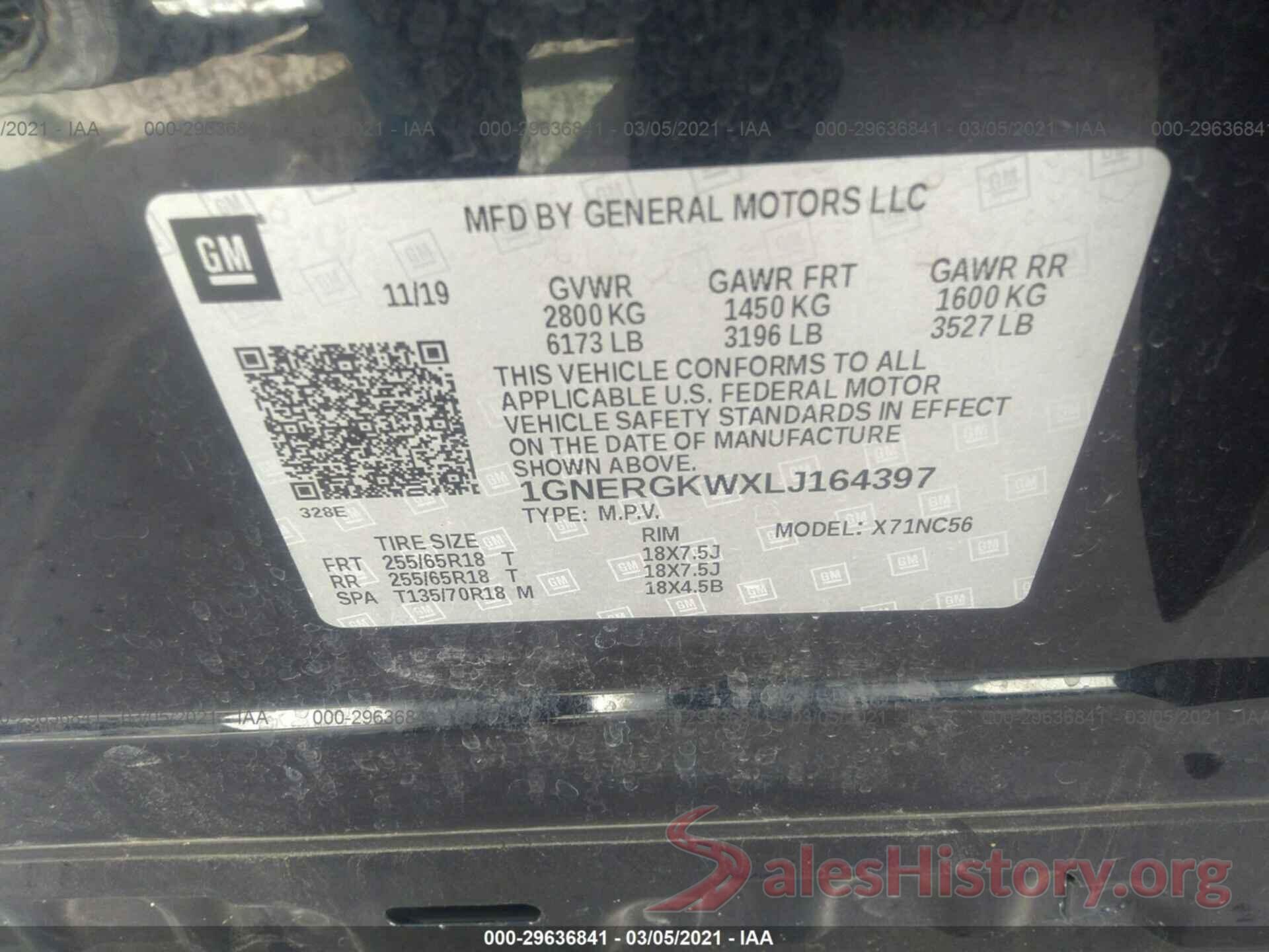 1GNERGKWXLJ164397 2020 CHEVROLET TRAVERSE