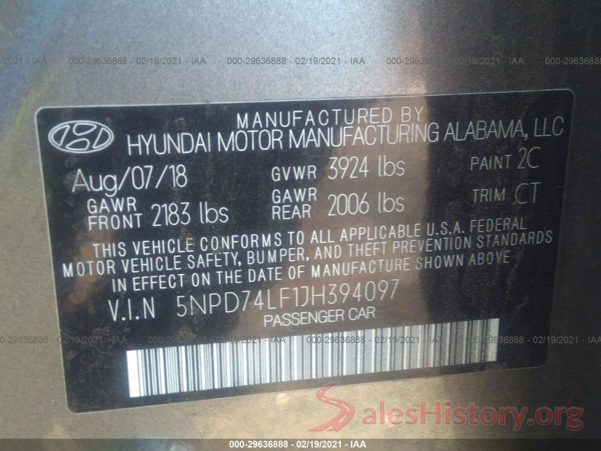 5NPD74LF1JH394097 2018 HYUNDAI ELANTRA