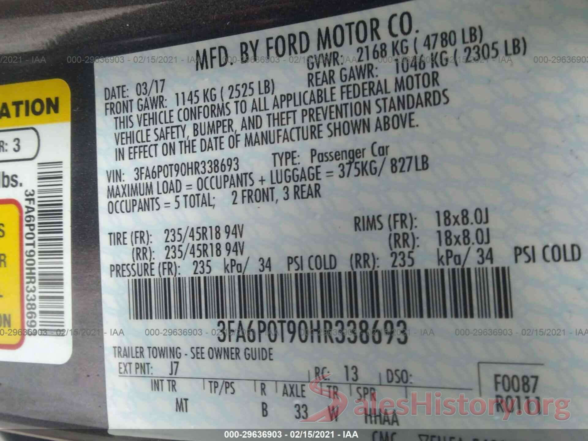 3FA6P0T90HR338693 2017 FORD FUSION