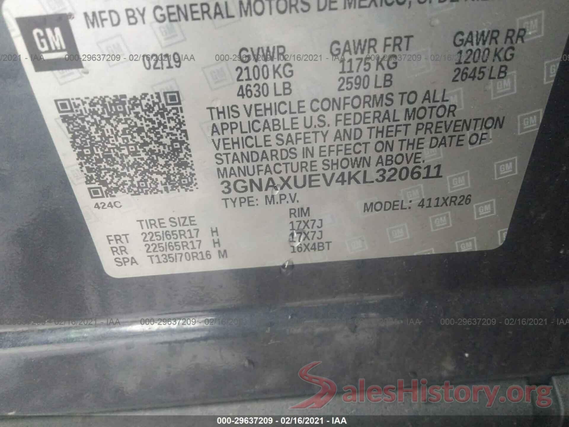 3GNAXUEV4KL320611 2019 CHEVROLET EQUINOX