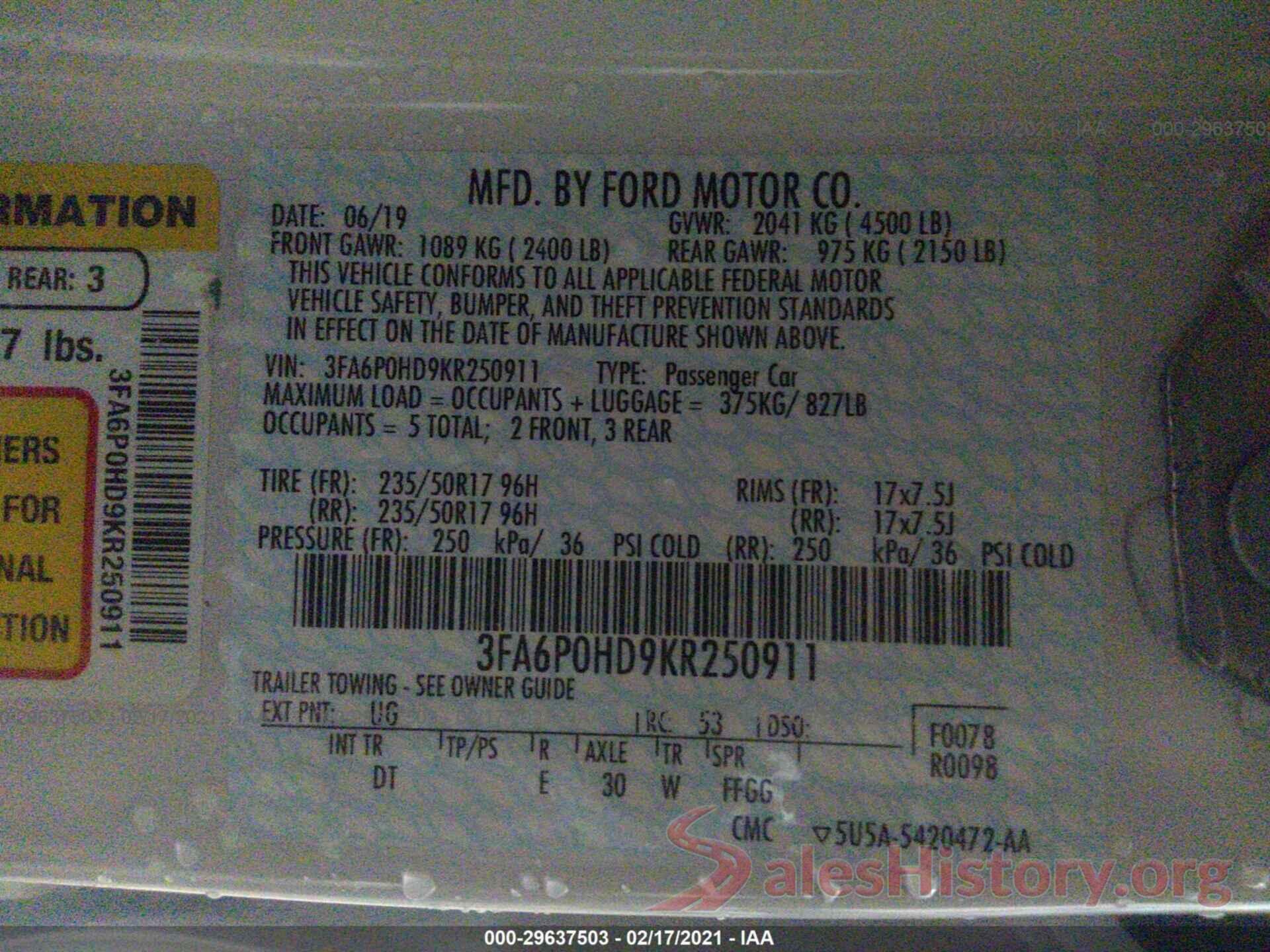 3FA6P0HD9KR250911 2019 FORD FUSION