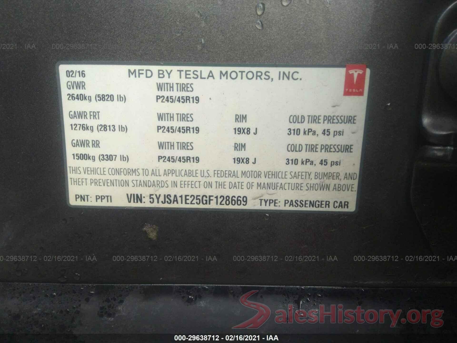 5YJSA1E25GF128669 2016 TESLA MODEL S