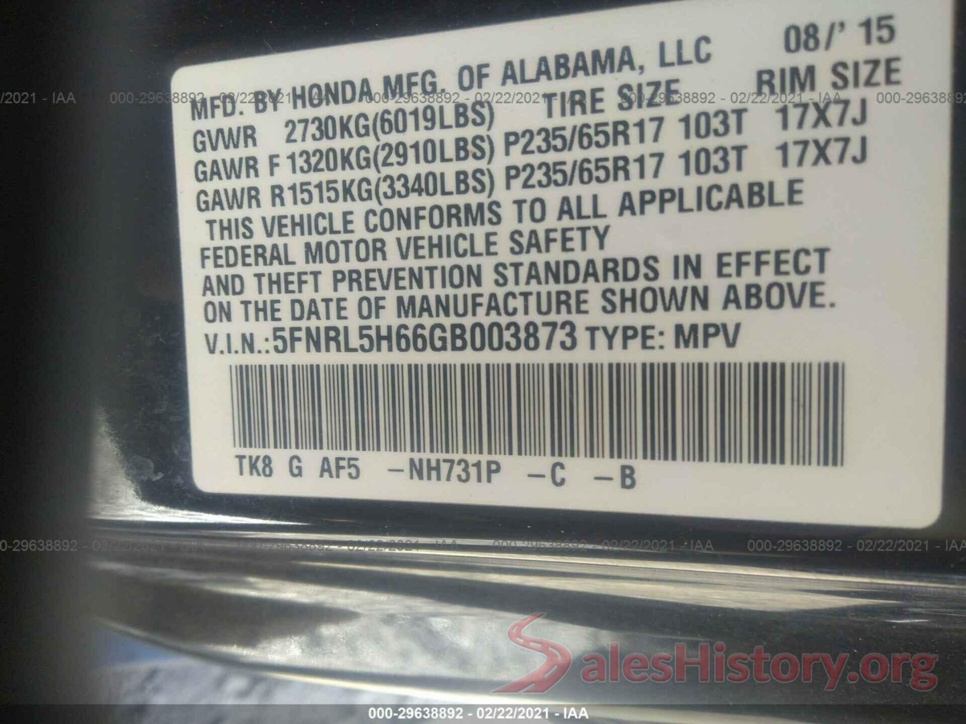 5FNRL5H66GB003873 2016 HONDA ODYSSEY