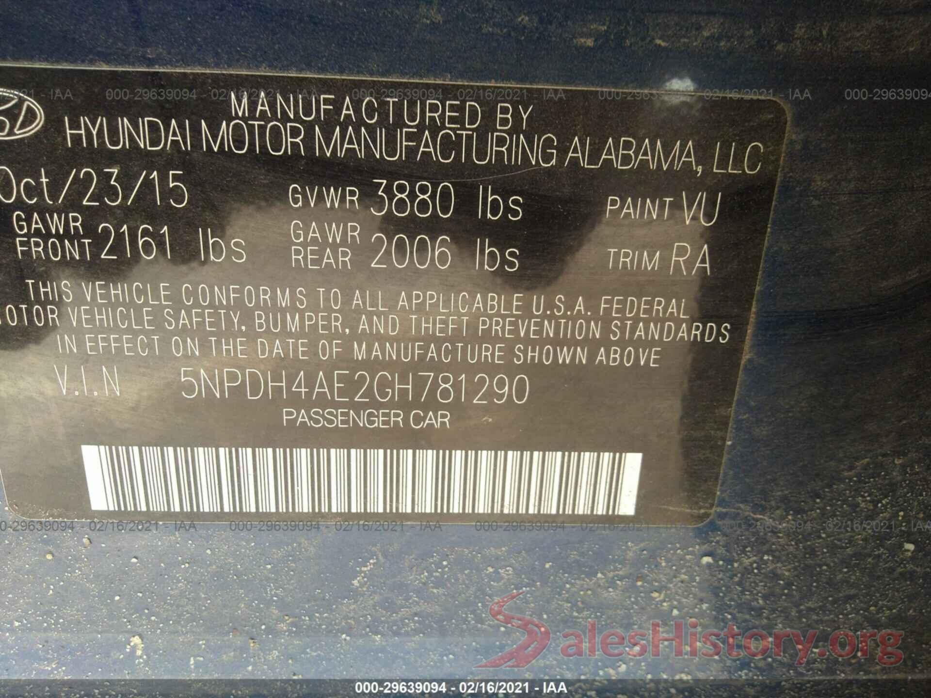 5NPDH4AE2GH781290 2016 HYUNDAI ELANTRA