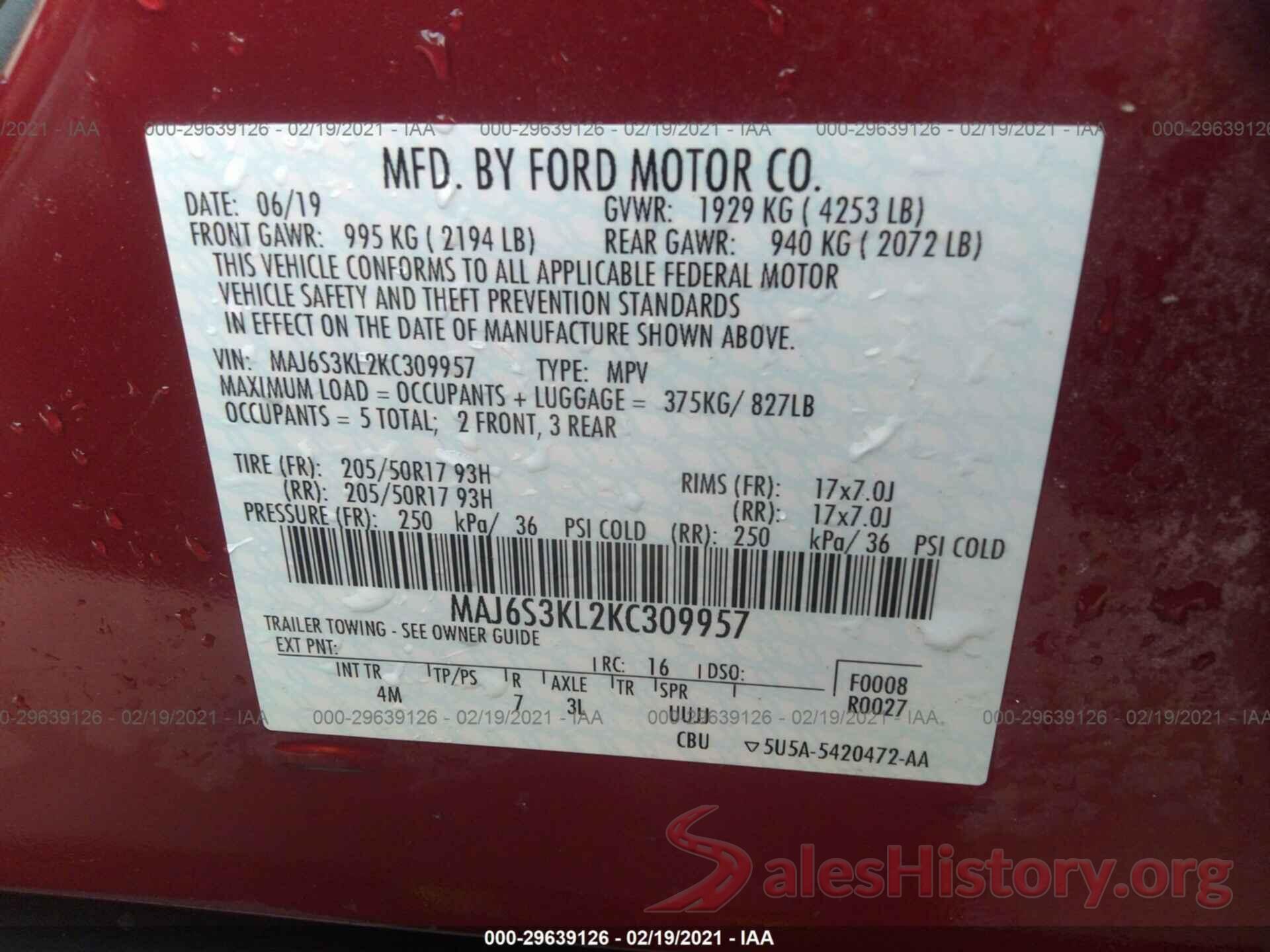 MAJ6S3KL2KC309957 2019 FORD ECOSPORT