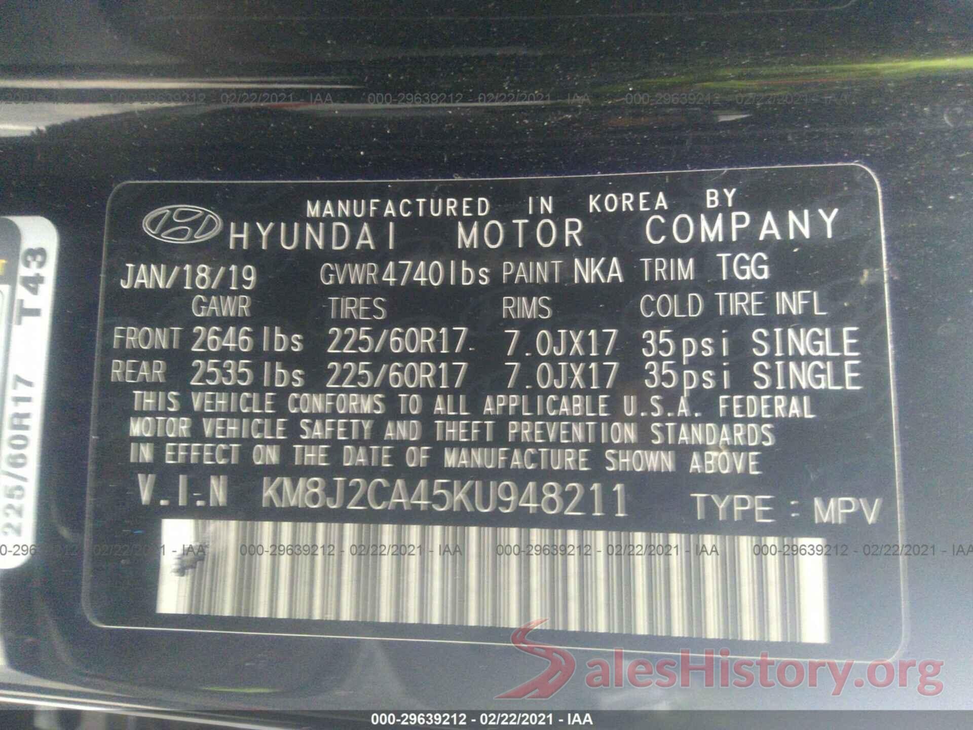 KM8J2CA45KU948211 2019 HYUNDAI TUCSON