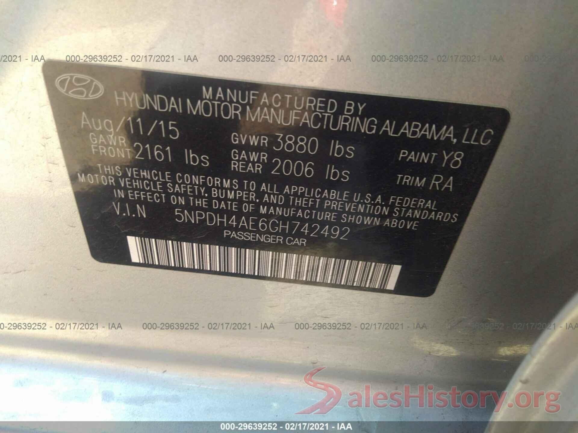 5NPDH4AE6GH742492 2016 HYUNDAI ELANTRA