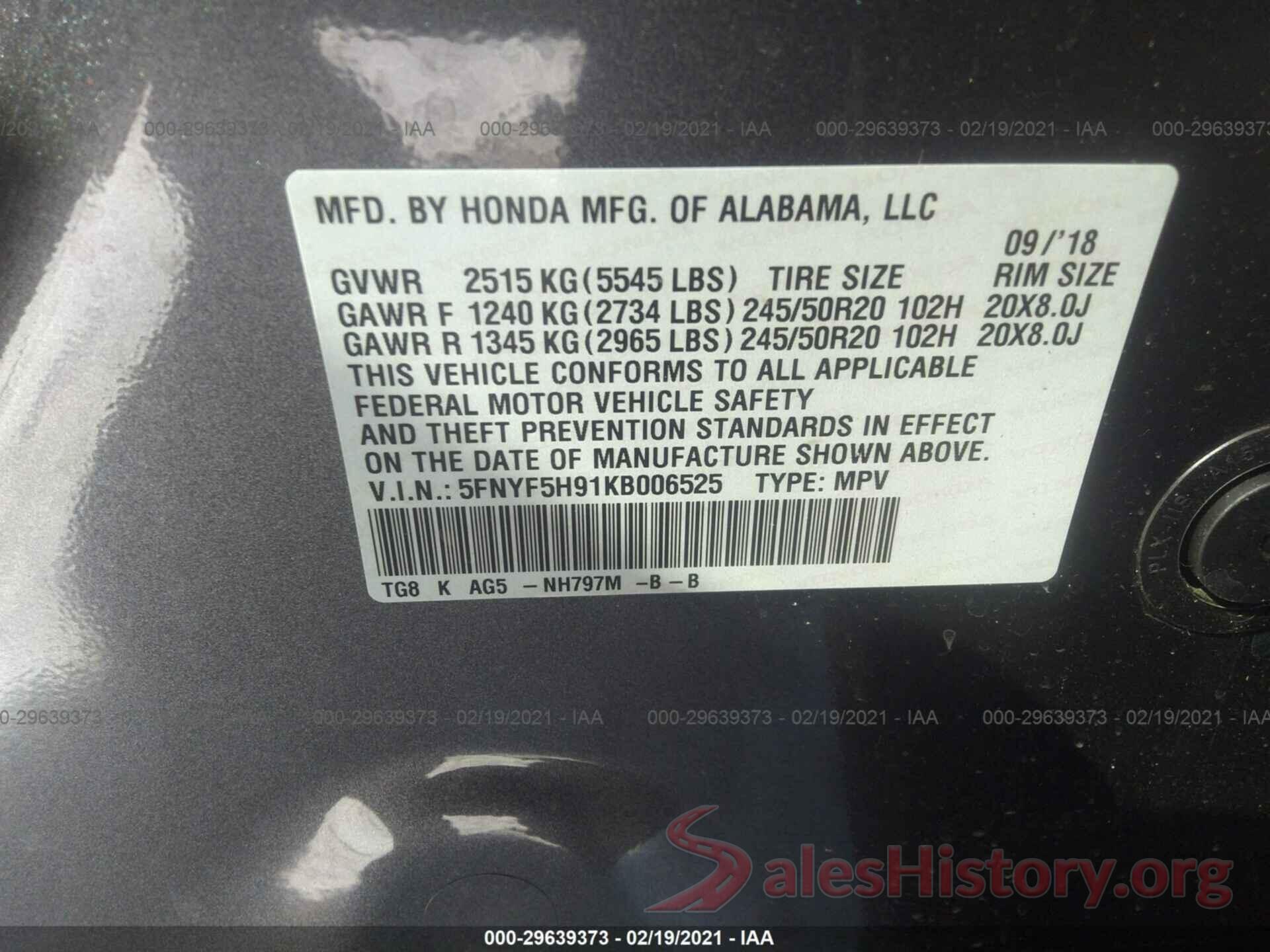 5FNYF5H91KB006525 2019 HONDA PILOT