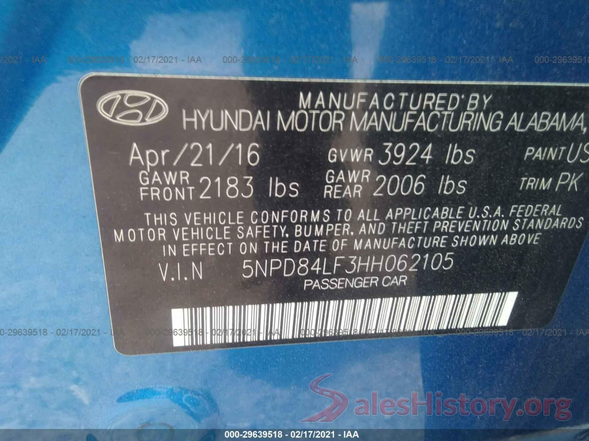 5NPD84LF3HH062105 2017 HYUNDAI ELANTRA