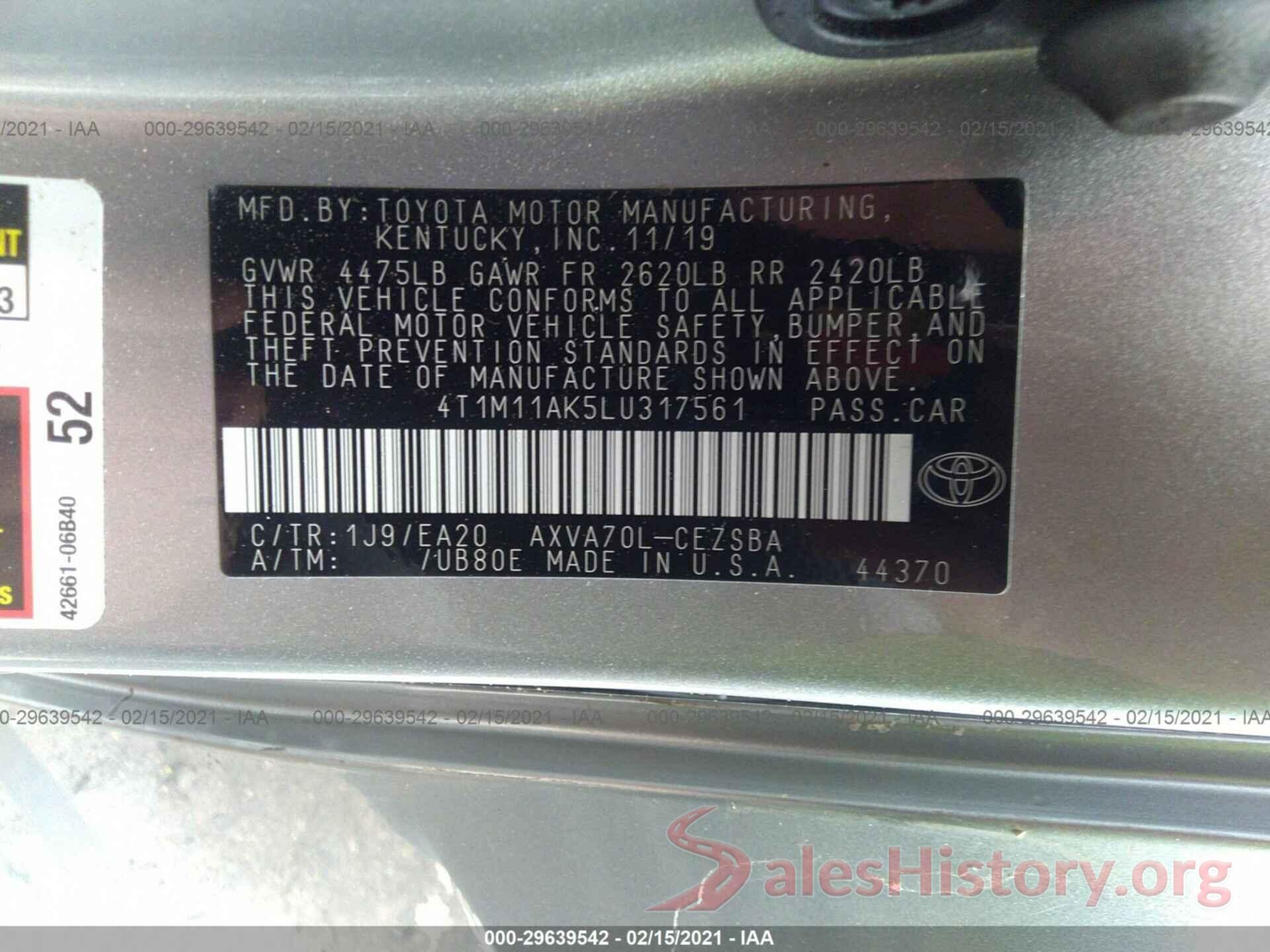 4T1M11AK5LU317561 2020 TOYOTA CAMRY