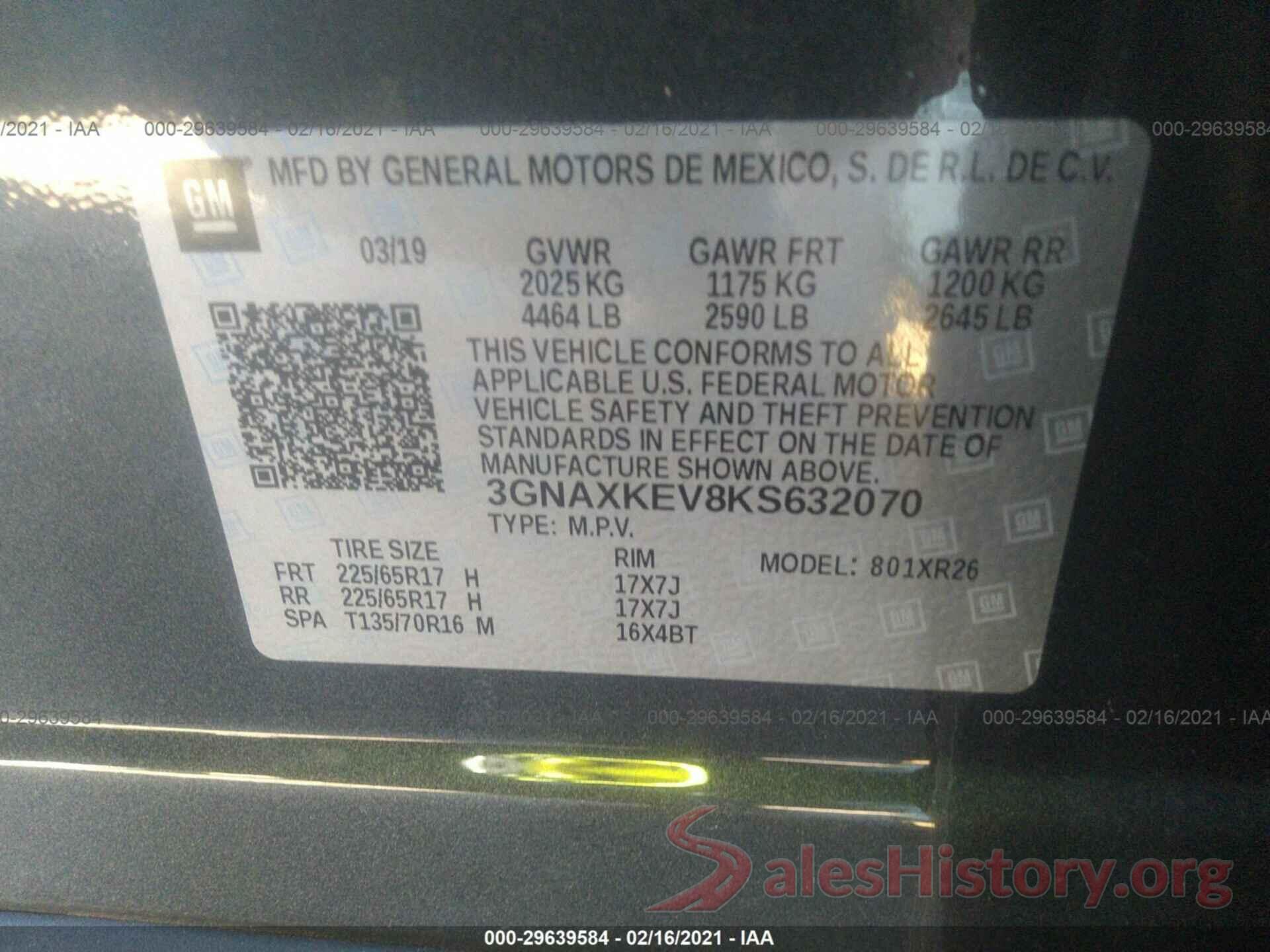 3GNAXKEV8KS632070 2019 CHEVROLET EQUINOX