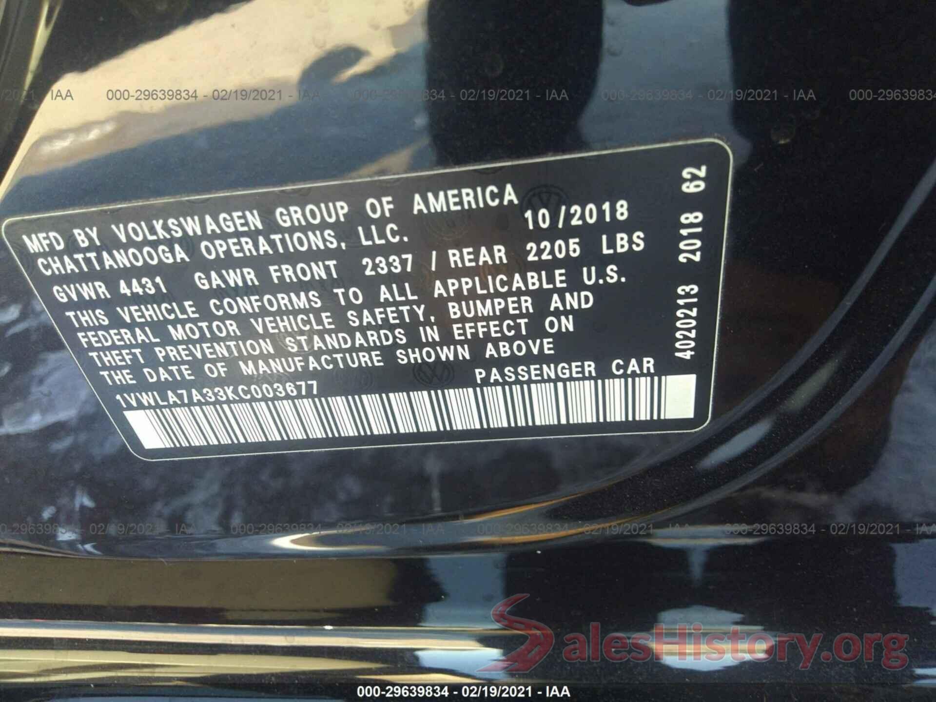 1VWLA7A33KC003677 2019 VOLKSWAGEN PASSAT